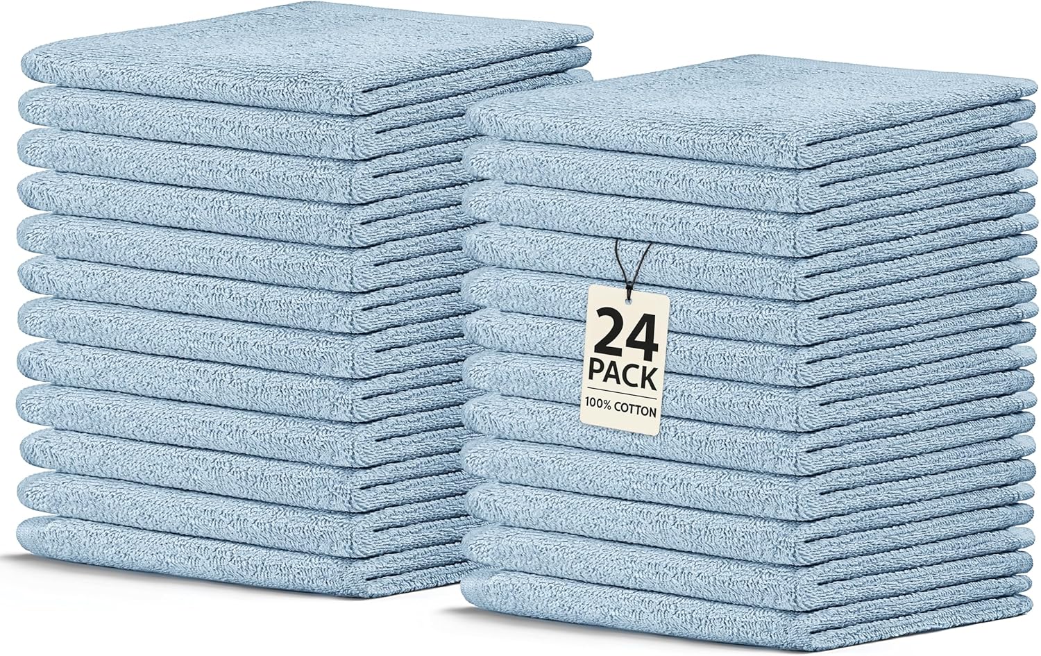 Crystal Ridge Cotton Wash Cloths 24 Pack - Washcloths for Showering, Face and Body, Soft and Highly Absorbent Multipurpose Towels for Bathroom, Kitchen, Spa and Gym - Wash Rags 12 x12 (Lt Blue)