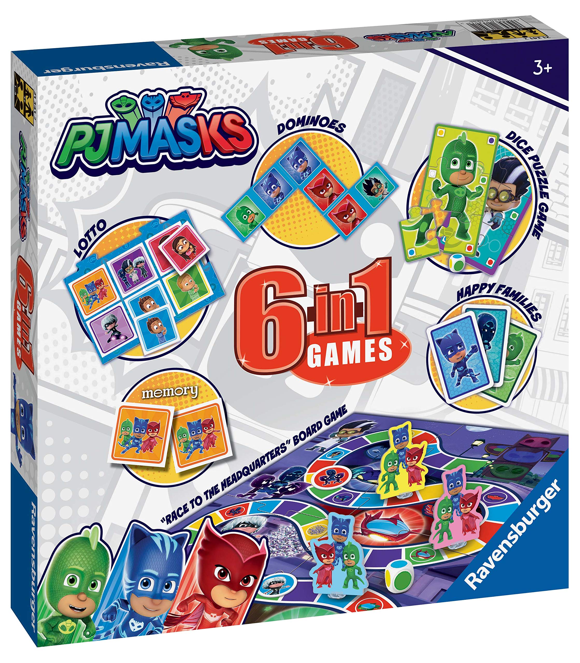 Ravensburger PJ Masks - Compendio 6 in 1 per bambini e famiglie dai 3 anni in su, Bingo, Domino, Serpenti e Scale, Dama e Carte da Gioco e Gioco di Memoria