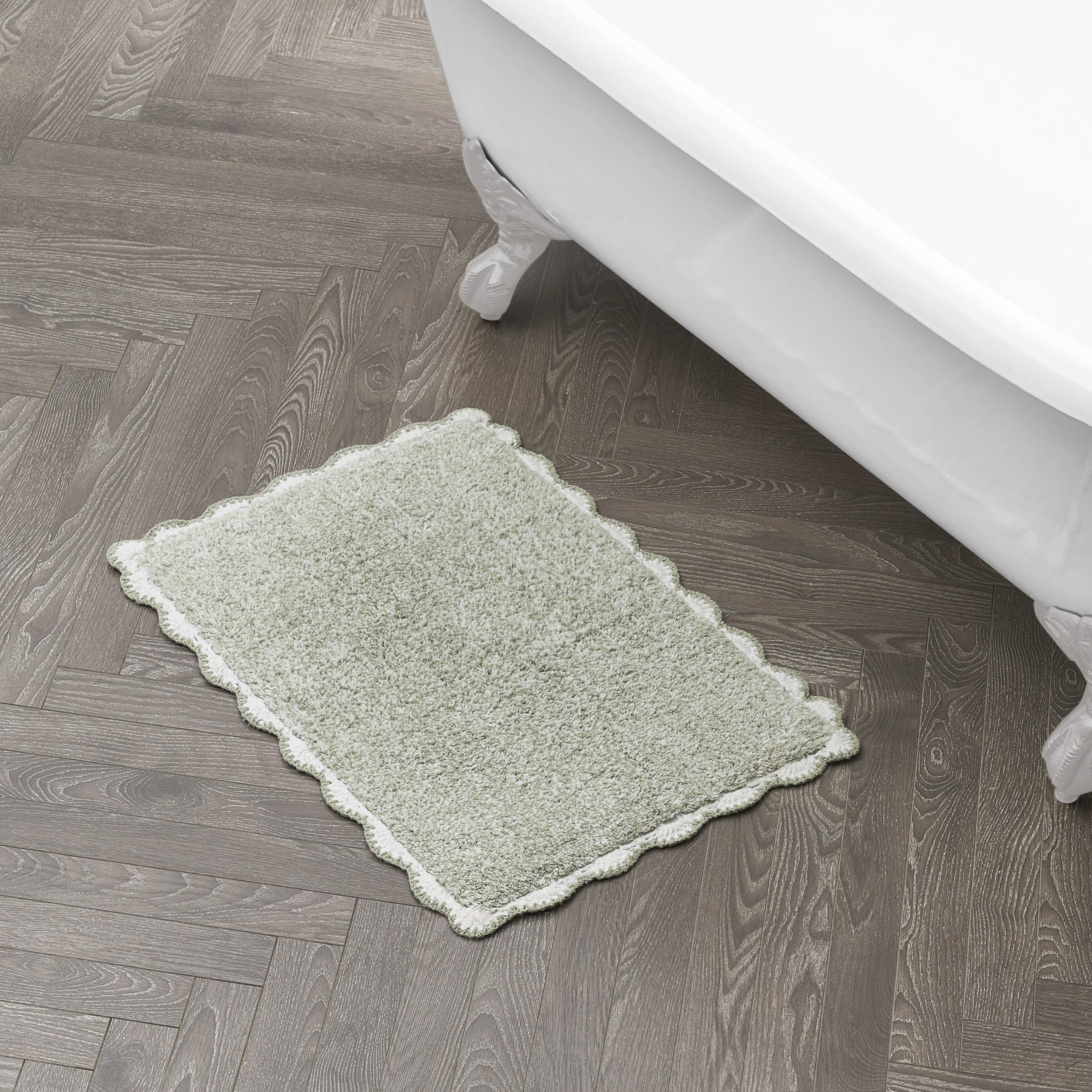 Laura Ashley Heathered Crochet Border 100% Cotton 17"x24" Skid-Resistant Bath Rug, Sage Green
