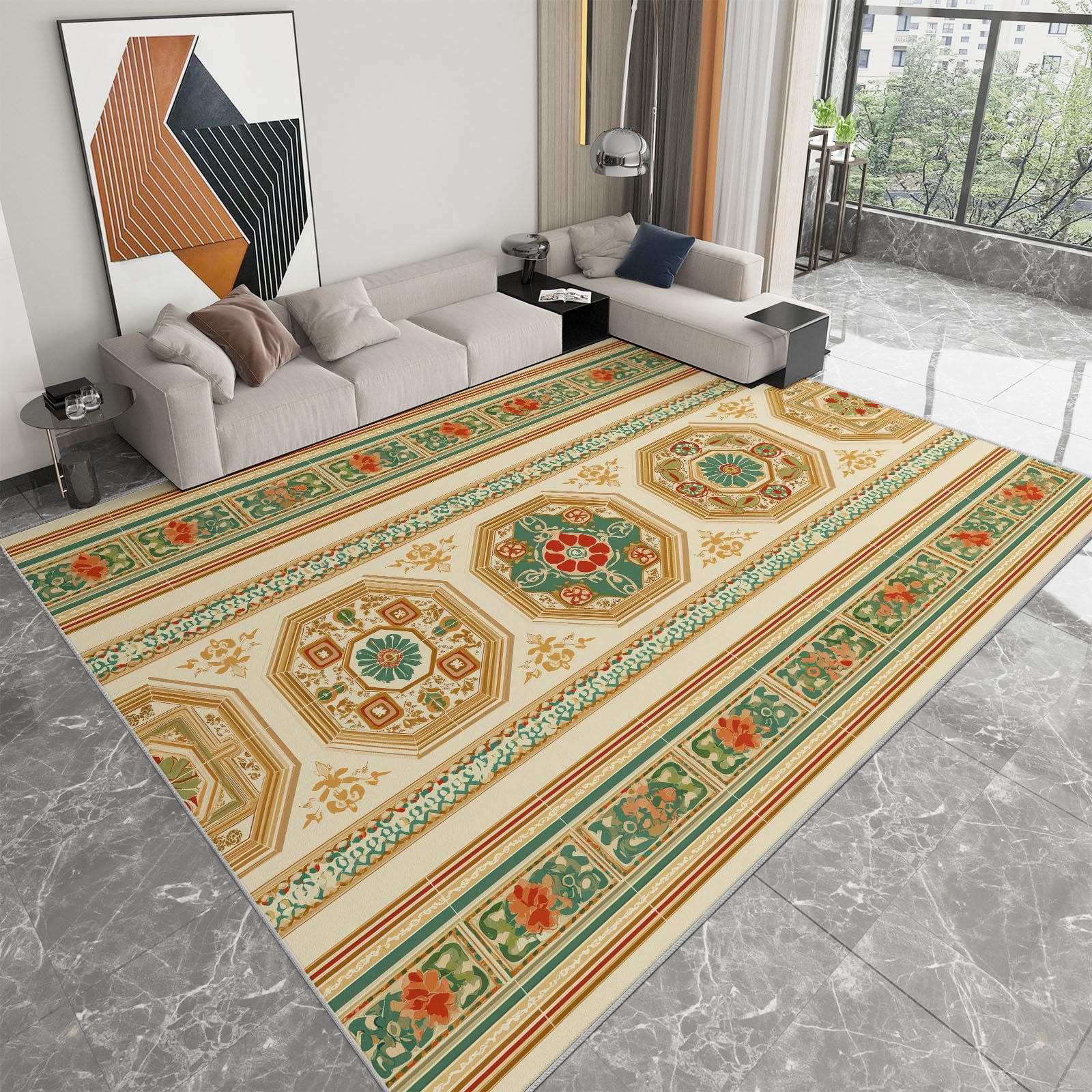 Tappeto Beige Antiscivolo Lavabile, Tappeti Decorativi per Soggiorno Camera da Letto e Aree Interne 180 x 240 cm - con Motivo Stampato Retrò Tradizionale Geometrico Floreale