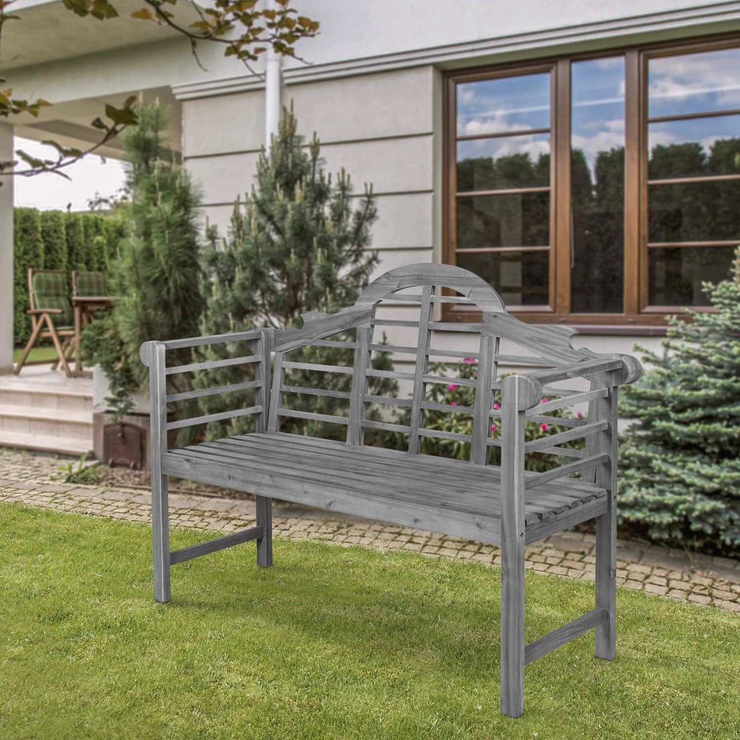 JONATHAN Y BNH103B Lutyens 51.2" 3-Seat Arched 600-Lbs Support Acacia Wood Outdoor Garden Patio Bench for Garden, Lawn, Backyard, Pool, Deck, Beach, Firepit, Gray