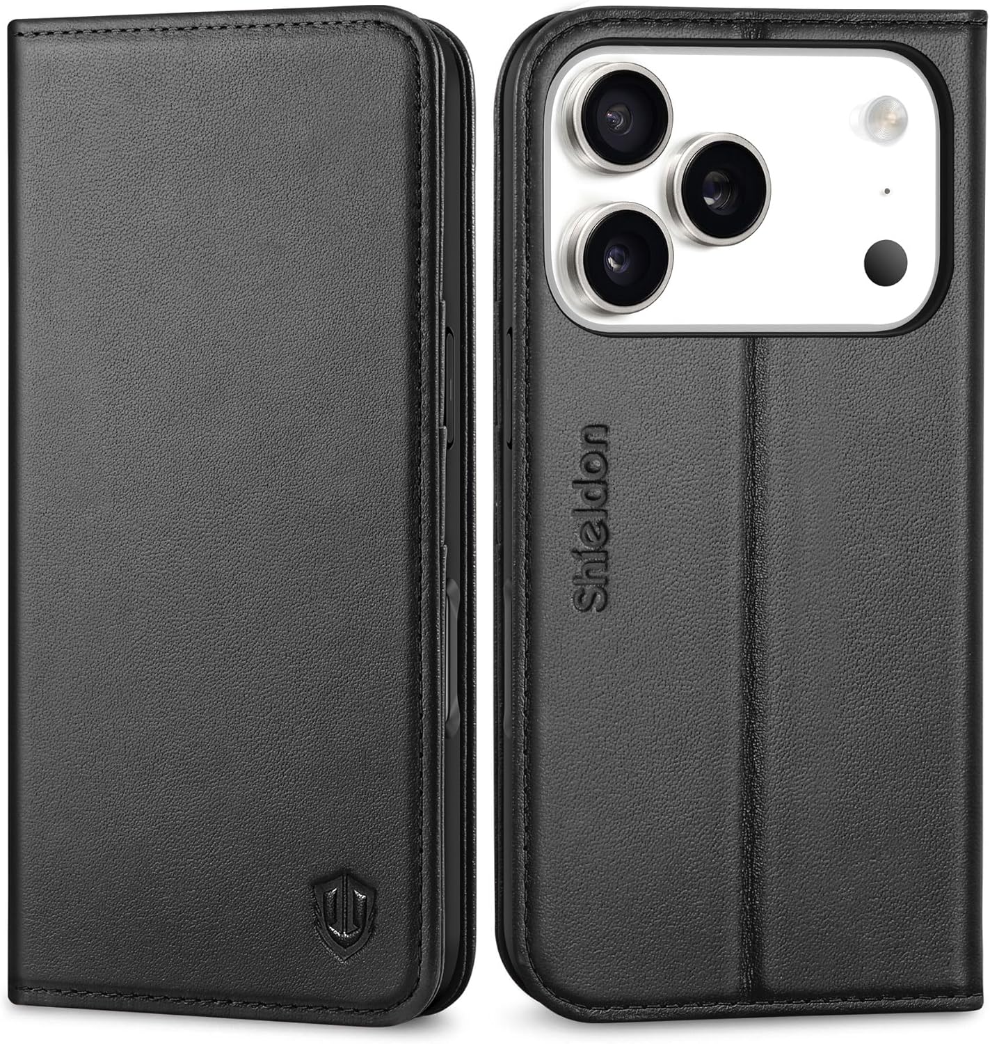 SHIELDON Wallet Case for iPhone 17 Pro 6.3" 2025 | Genuine Leather | Flip Magnetic Cover | RFID Blocking Credit Card Holder | Kickstand | Soft Shock-Absorbent Interior Shell | Black