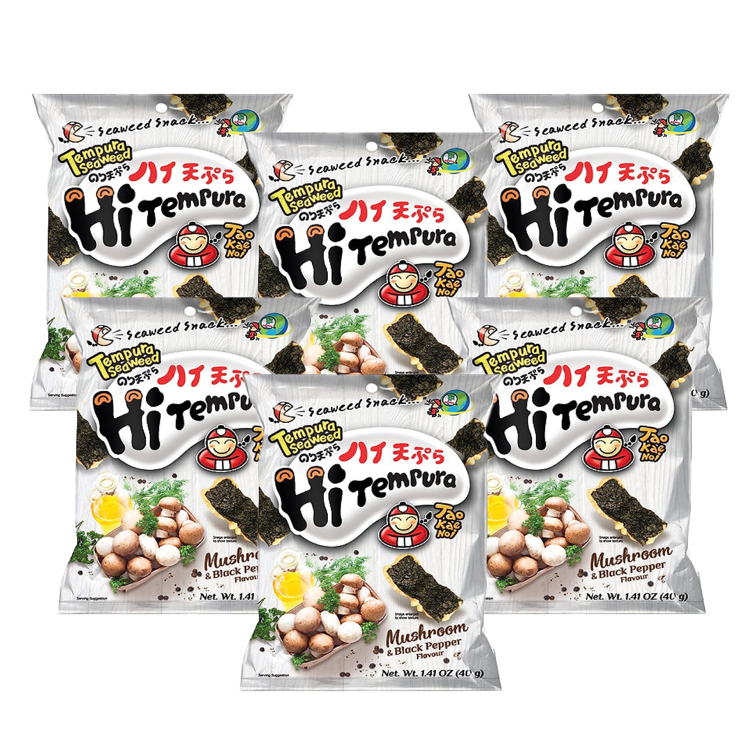 Crispy Tempura Seaweed Chips by Tao Kae Noi, Healthy Nori Snacks for Kids and Adults, Mushroom and Black Pepper Flavor, Premium Seaweed, Pack of 6, 40g per Bag