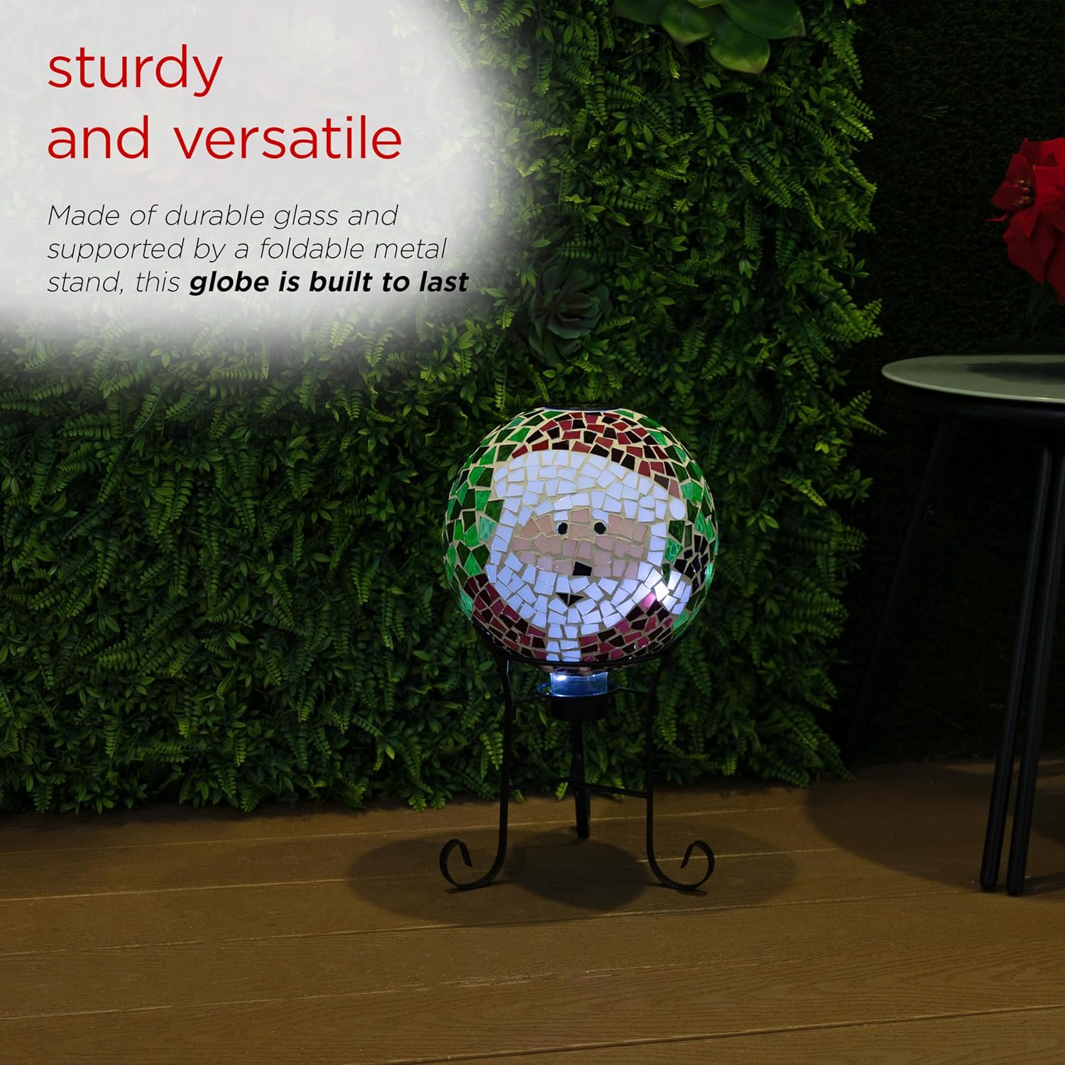 Alpine Corporation 10"" Diameter Solar Santa Mosaic Glass Gazing Globe with Foldable Metal Stand, Rechargeable Battery Included, Outdoor Holiday Decoration