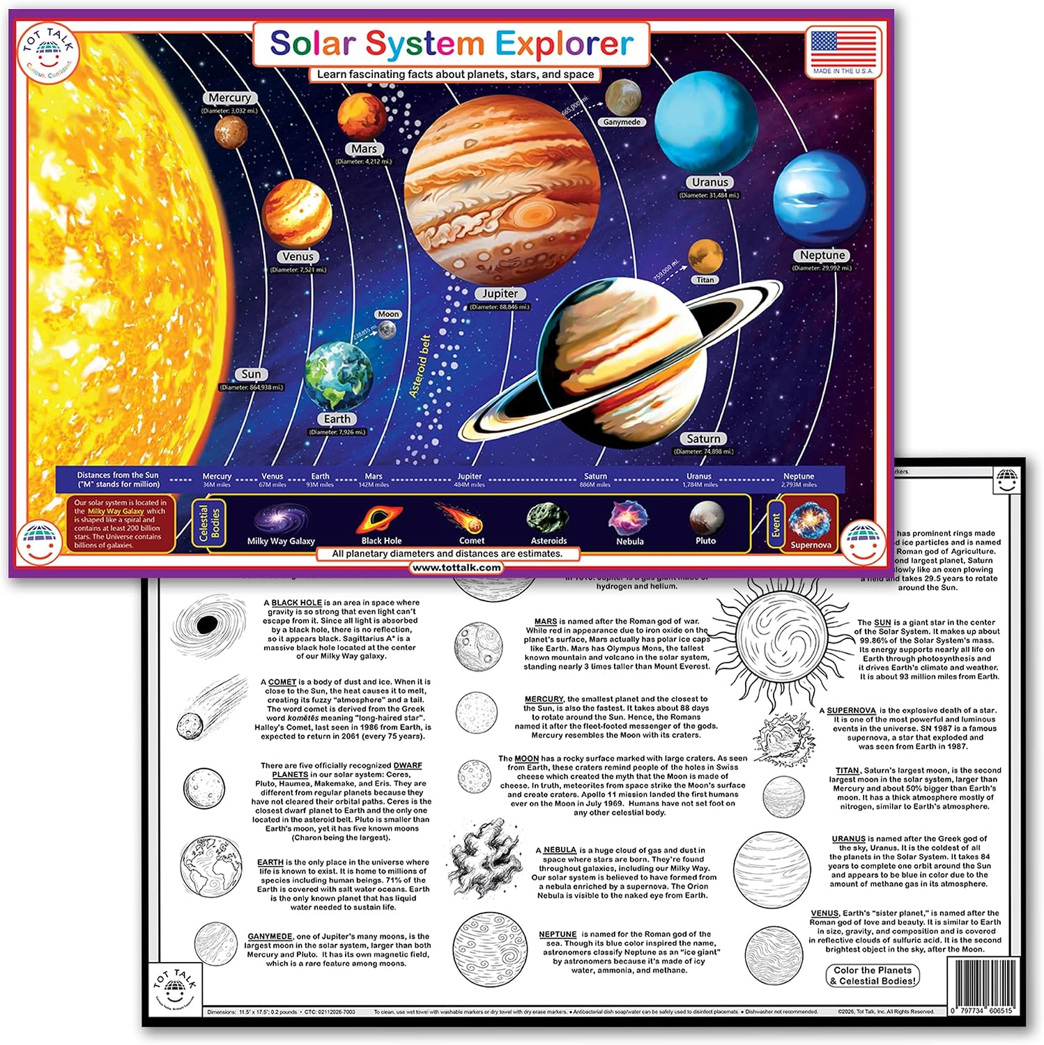 Tot Talk Solar System Explorer Educational Placemat for Kids - Double-Sided, Waterproof, Wipeable - Made in USA - Learn Planet Names and Facts, Front and Back Activities - 11.5" x 17.5"