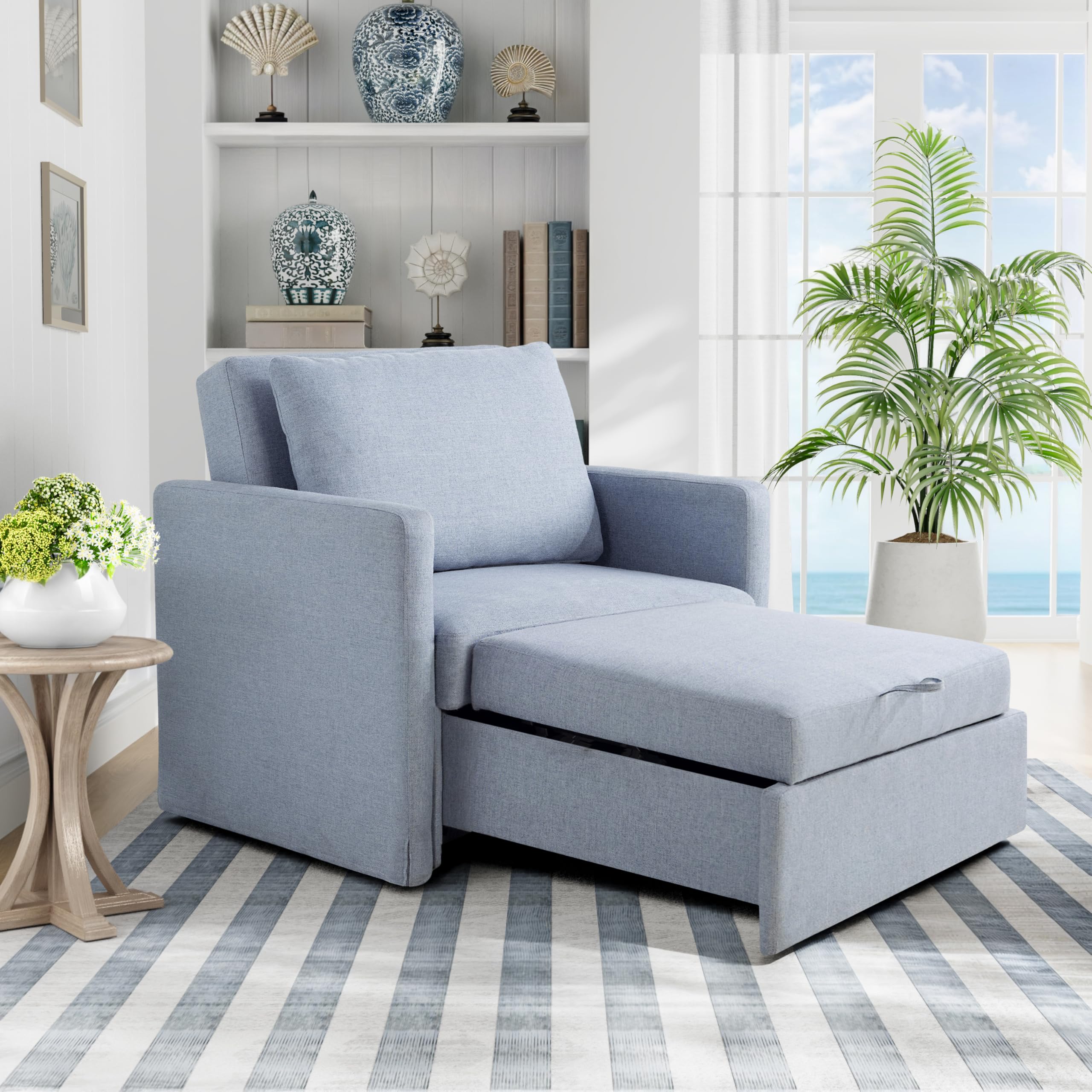 Photo 1 of Serta® Bondi 36" Convertible Sleeper Chair, Cot-Size, Modern Farmhouse, Dream Coil® Comfort, Fingerguard® Pinch Point Protection, Soft Woven Polyester Fabric, Blue