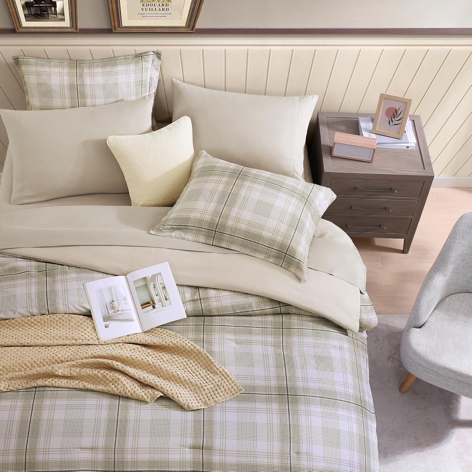 Full Size Comforter Sets, Khaki Green Plaid Bedding Set 7 Piece for Boys Girls Teen, Classic Homestead-Style Kids Comforter Set Bed in A Bag with Sheets, Pillowcases & Shams - Image 5