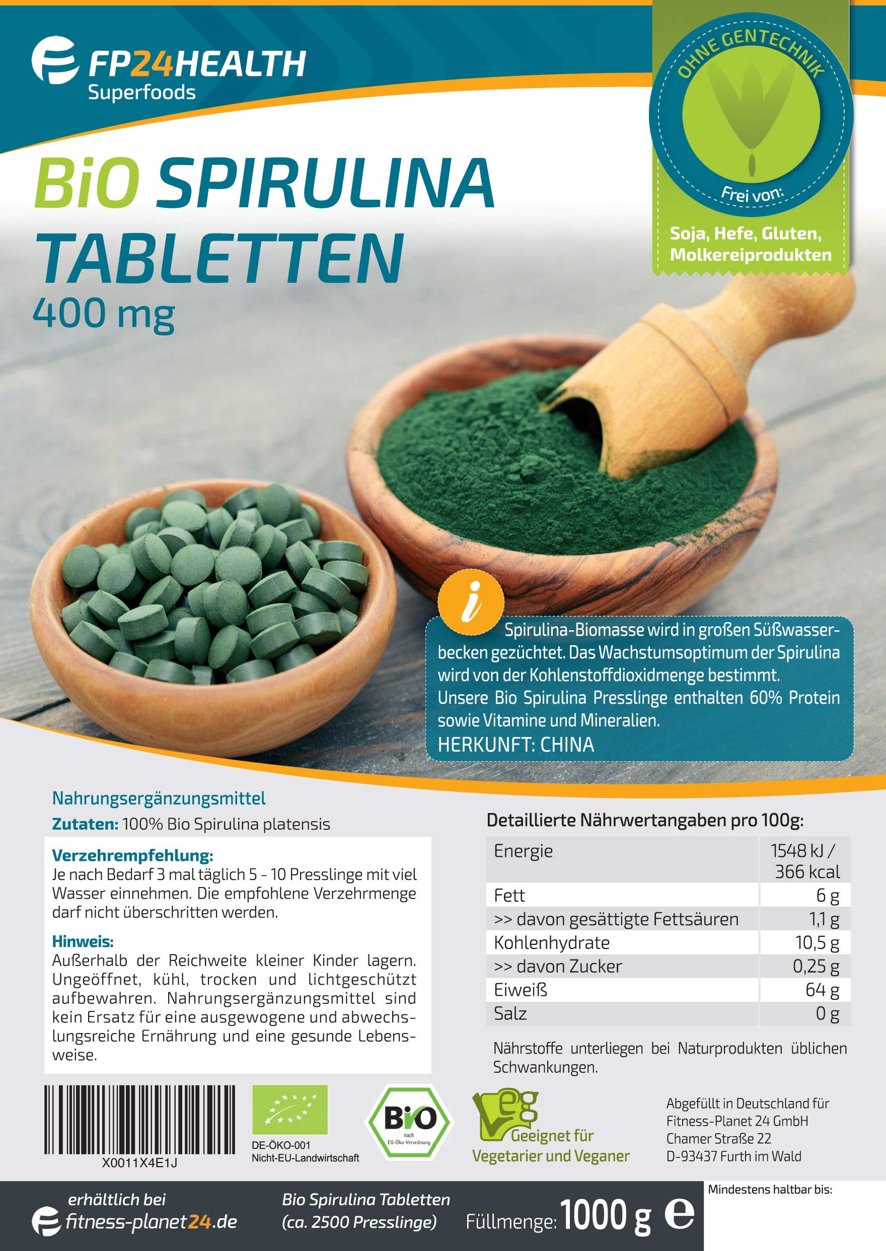 Bio Spirulina 2500 Tabletten - 400mg pro Tablette - Plantensis - im Zippbeutel - 1000g Presslinge - Top Qualität