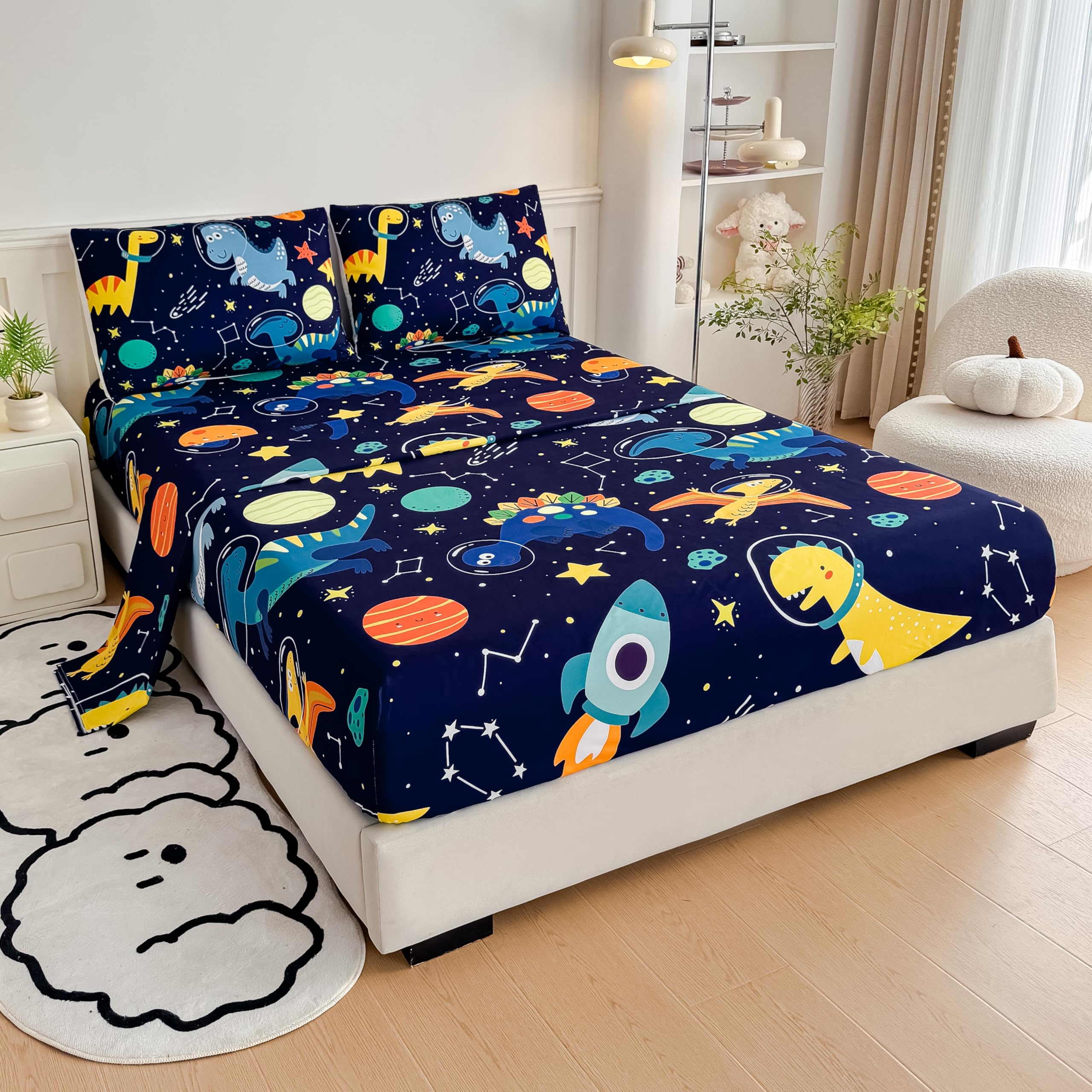 MWMWMW Dinosaur Full Size Kids Sheets Set, 4 Pieces Dinosaur Printed Microfiber Deep Pocket Bed Sheets, Full Size Bed Sheet Kids Boys with 2
