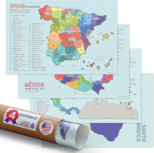 Quarterhouse Juego de 4 pósteres de mapas de países en español, materiales de aprendizaje en el aula de español para estudiantes y profesores de