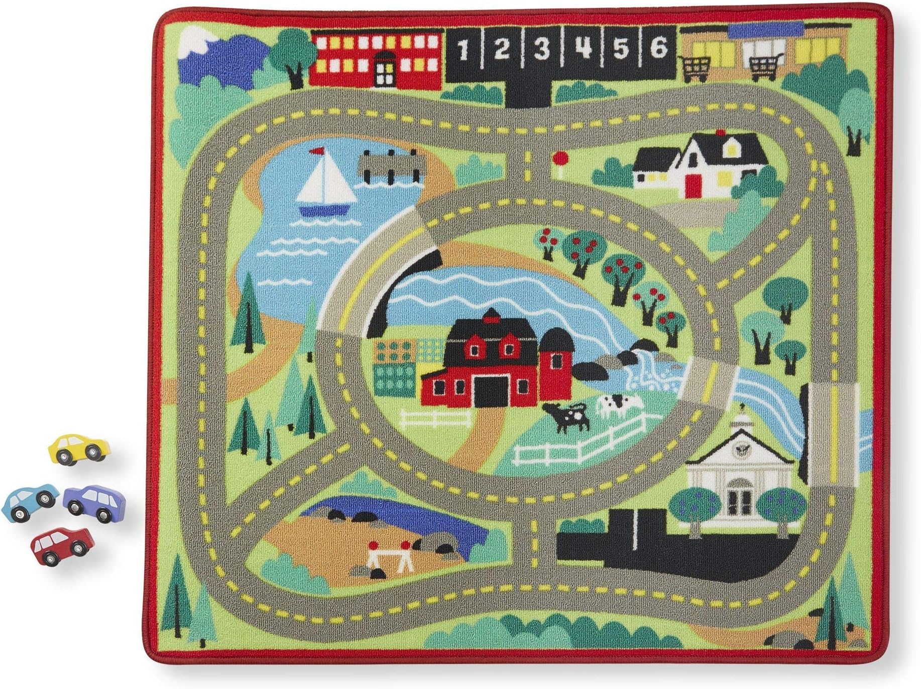 Melissa & Doug Around The Town Road Rug – Colorful Vehicle-Themed Play Mat with 4 Wooden Traffic Signs – Durable Indoor Play Rug for Imaginative Play for Kids Ages 3+ | MD9400