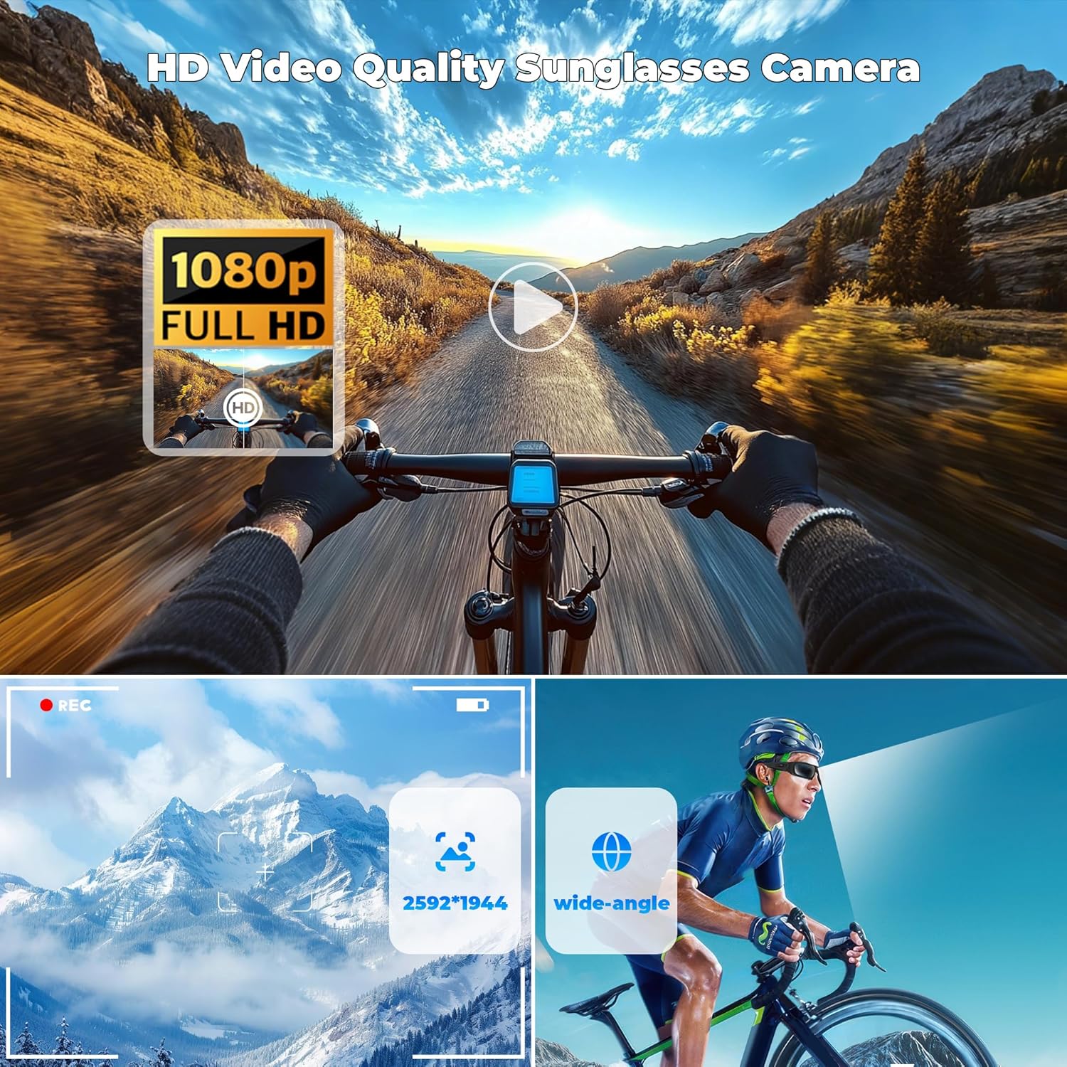 Sunglasses Video Camera HD 1080P Bluetooth Sunglasses Sport Camera, Smart Glasses Action Cam with Bluetooth and Loop Recording for Fishing and Riding