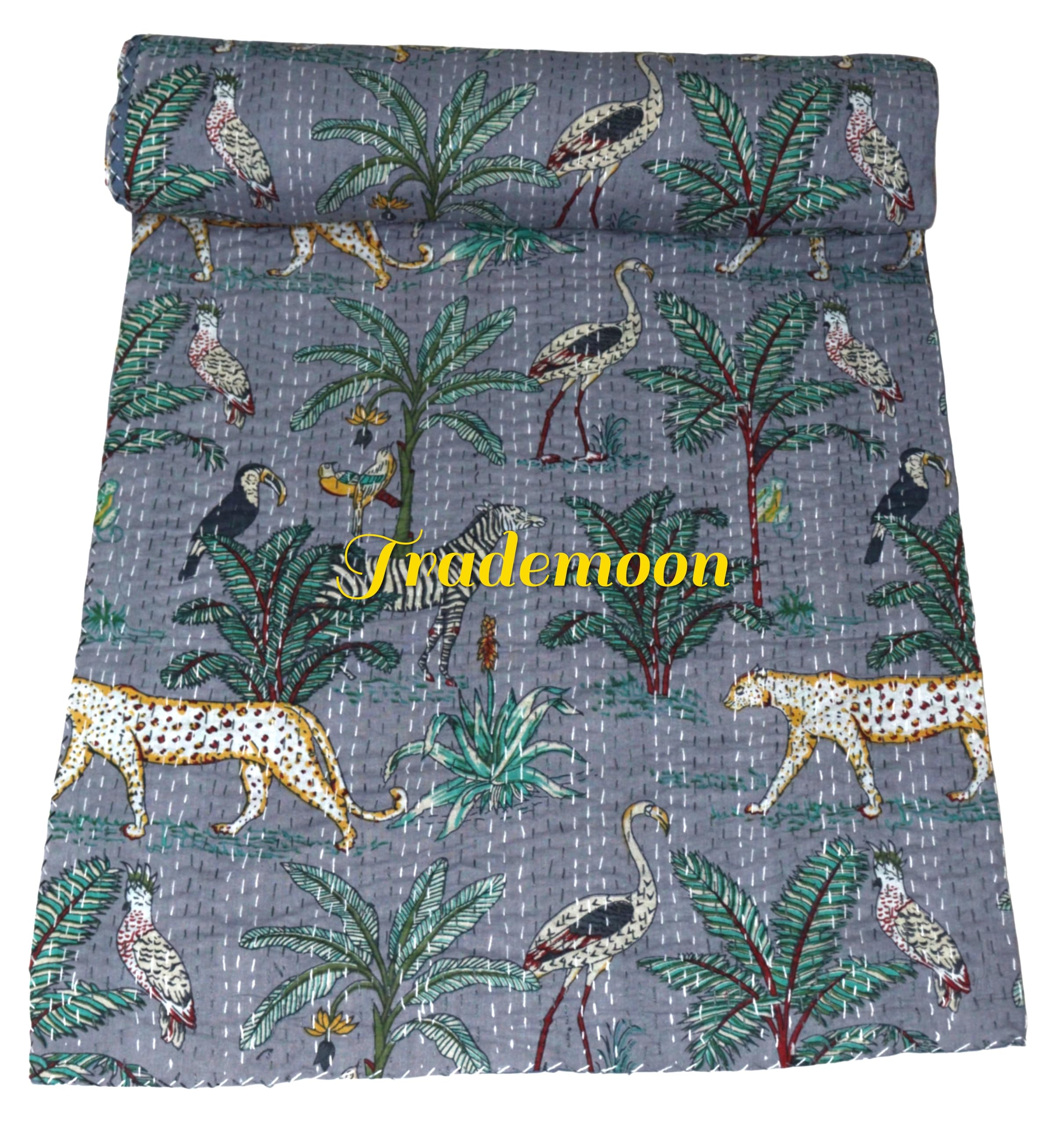 Trademoon Indian Handmade Animal Print Cotton Kantha Quilt, Bedspread, Blanket Size (Single 60" x 90")