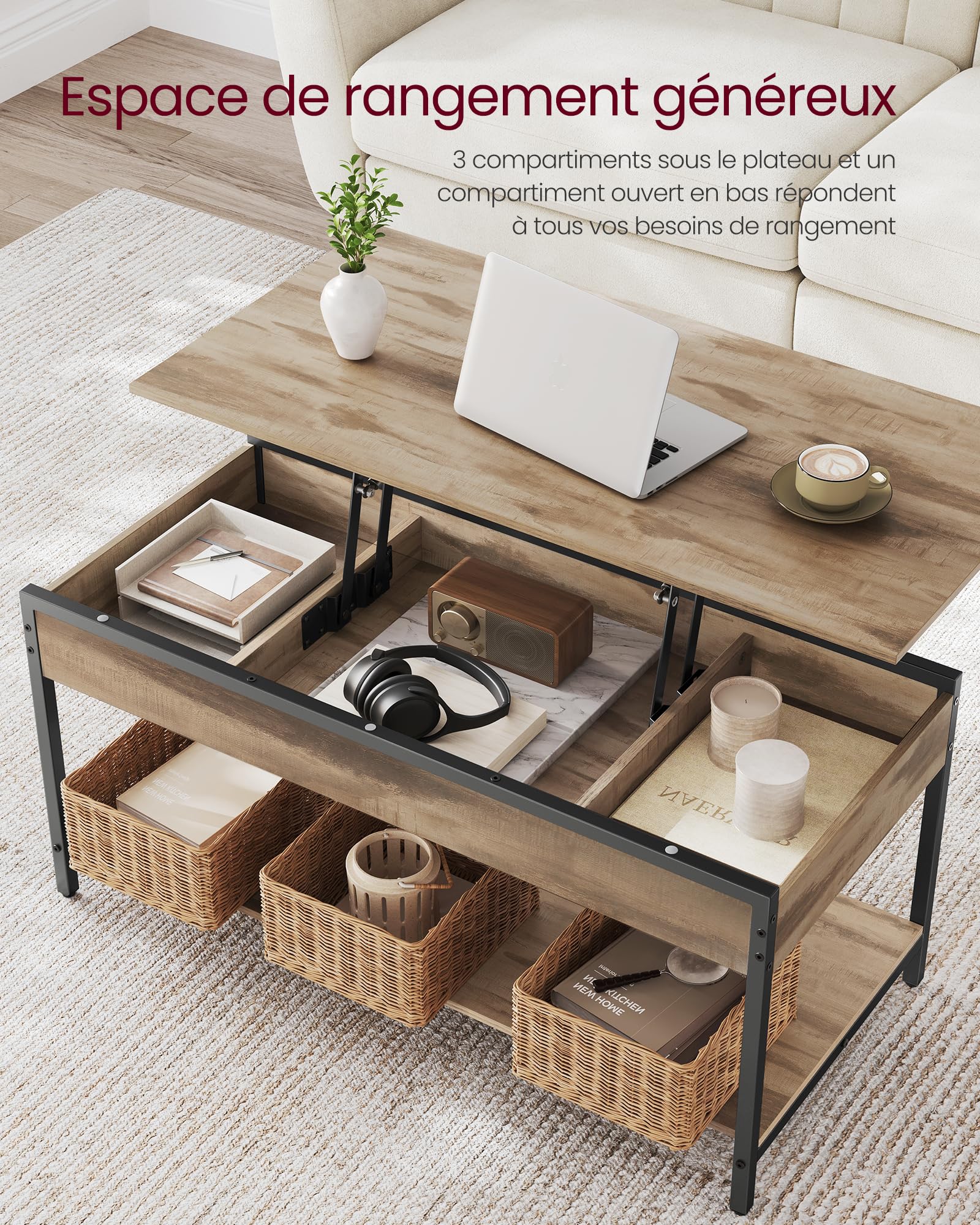 VASAGLE Table Basse Relevable, Table de Salon, avec Rangement Ouvert et Compartiments Cachés, 50 x 100 cm, Marron Camel et Noir d’Encre LCT261LB02