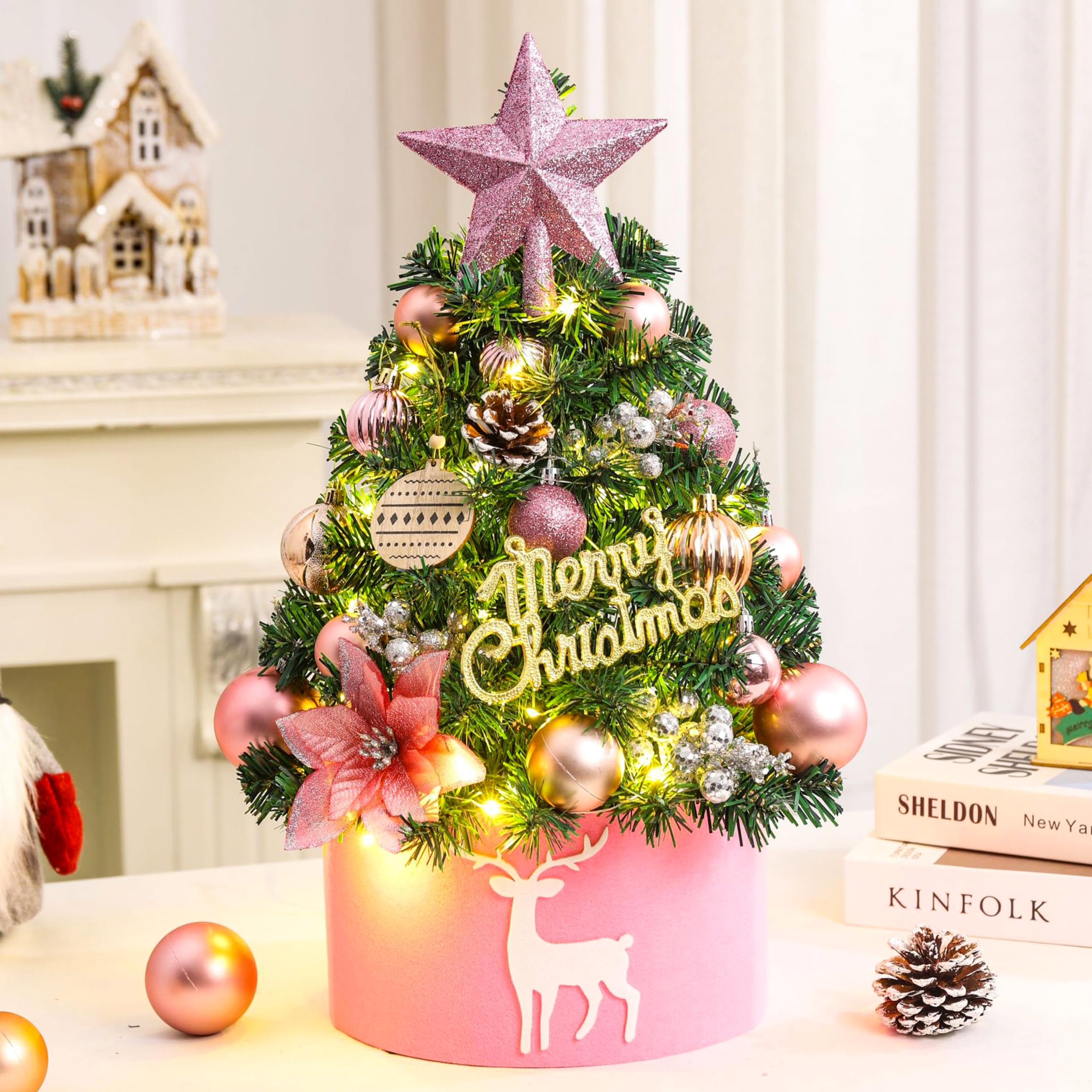 Mini Weihnachtsbaum mit Lichtern 45 cm Weihnachtskugeln Kugelschmuck Kleiner Weihnachtsbaum mit Stern als Baumspitze, Tannenzapfen für Weihnachten Büro, Esstischdekoration (Rosa)