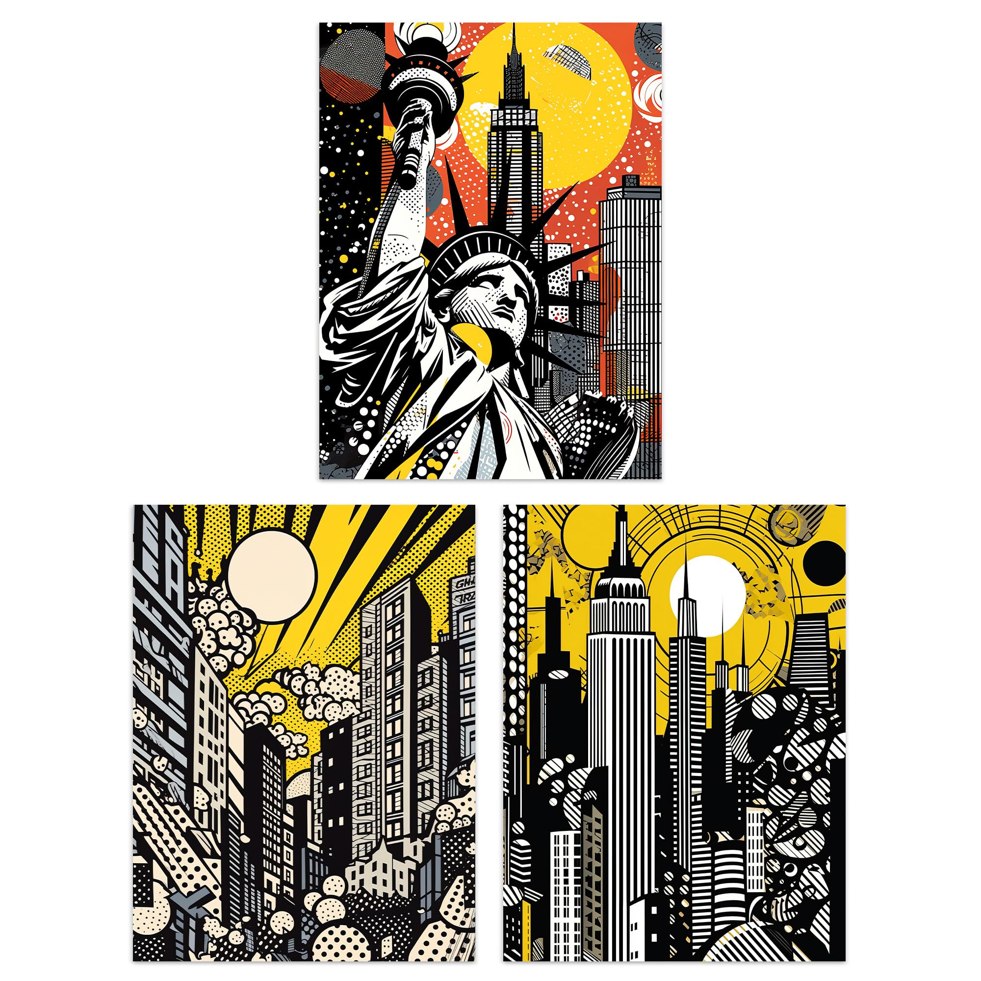 Artery8 Wall Art Print Set Of 3 New York City Pop Art Cityscape Artwork Yellow Orange Statue Of Liberty Skyscrapers Sunrise from B&Q