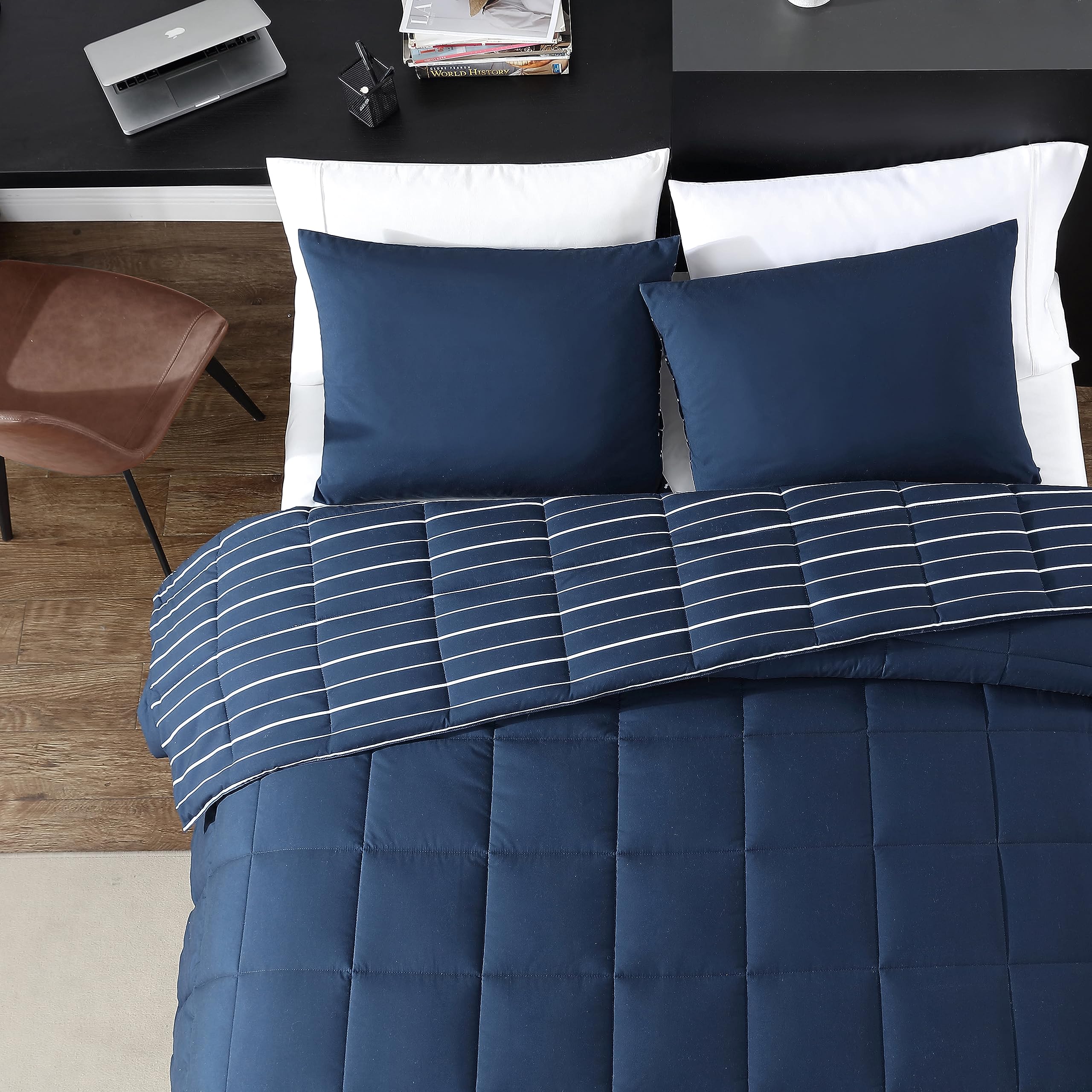 Nautica- Queen Comforter Set, Cotton Reversible Bedding Set, All Season Home Décor (Longdale Stripe Navy, Queen)