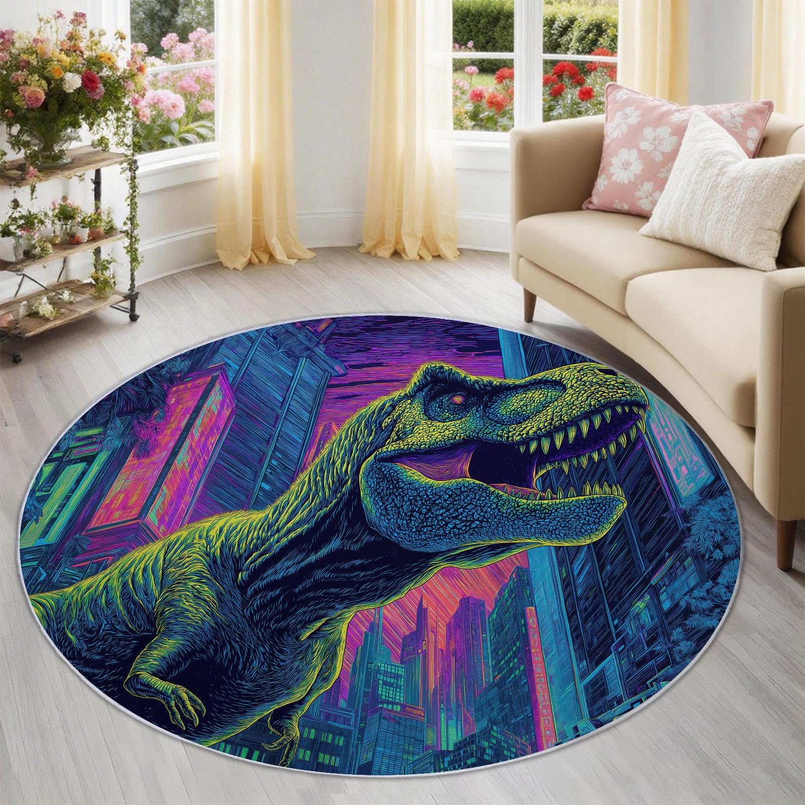 Générique Okrągły dywan do salonu 150 cm zwierzę krajobraz dinozaur T-Rex neon & miasto futurystyczna mata podłogowa antypoślizgowa dekoracja do pokoju gier, wielokolorowy czarny