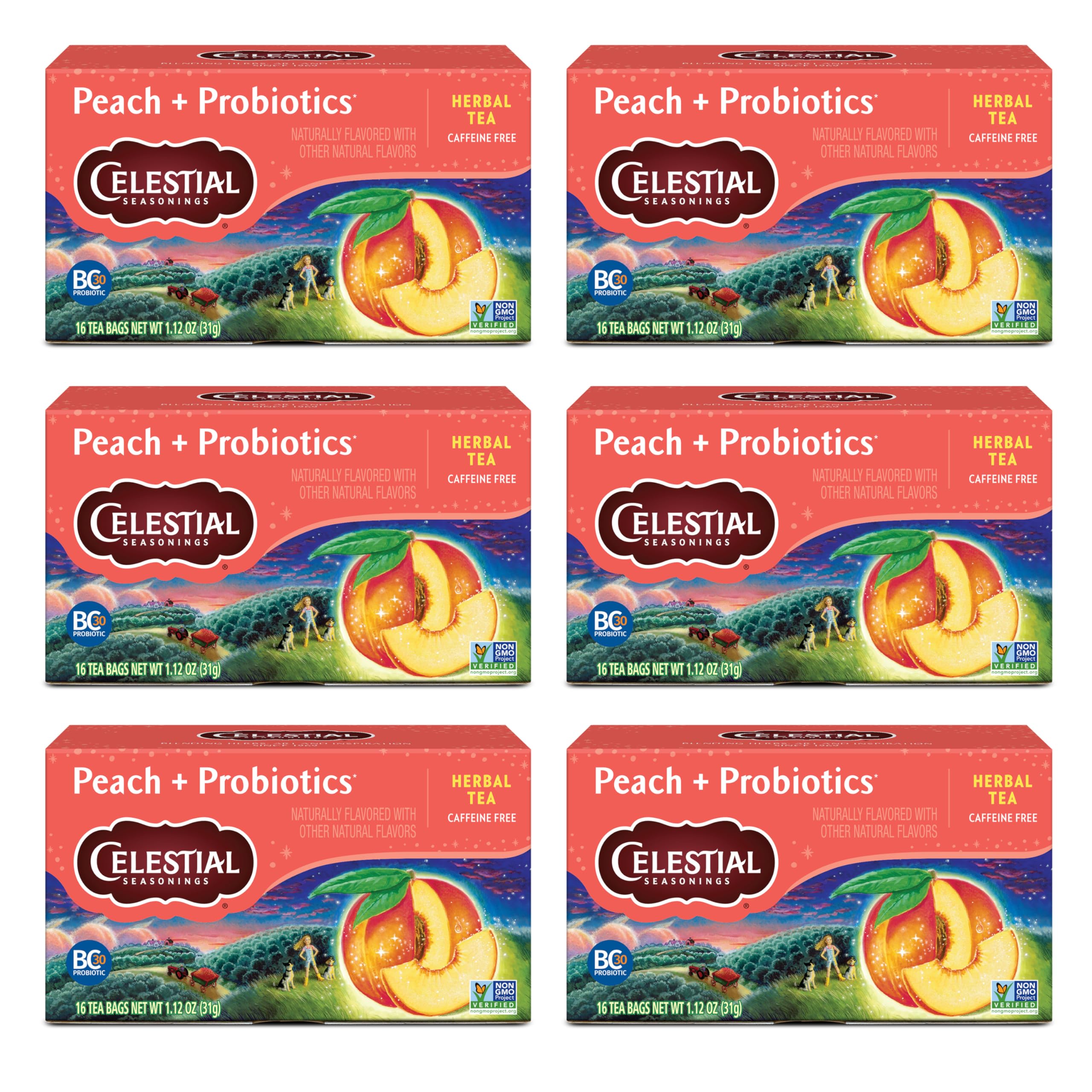 Celestial Seasonings Peach + Probiotics Herbal Tea, Caffeine Free, 16 Tea Bags Box (Pack of 6)