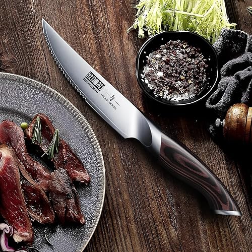 Miniatura 6 de HOSHANHO Juego de 6 cuchillos para carne, ultra afilados de 4.5 pulgadas, cuchillos de carne dentados japoneses de acero de alto carbono con mango