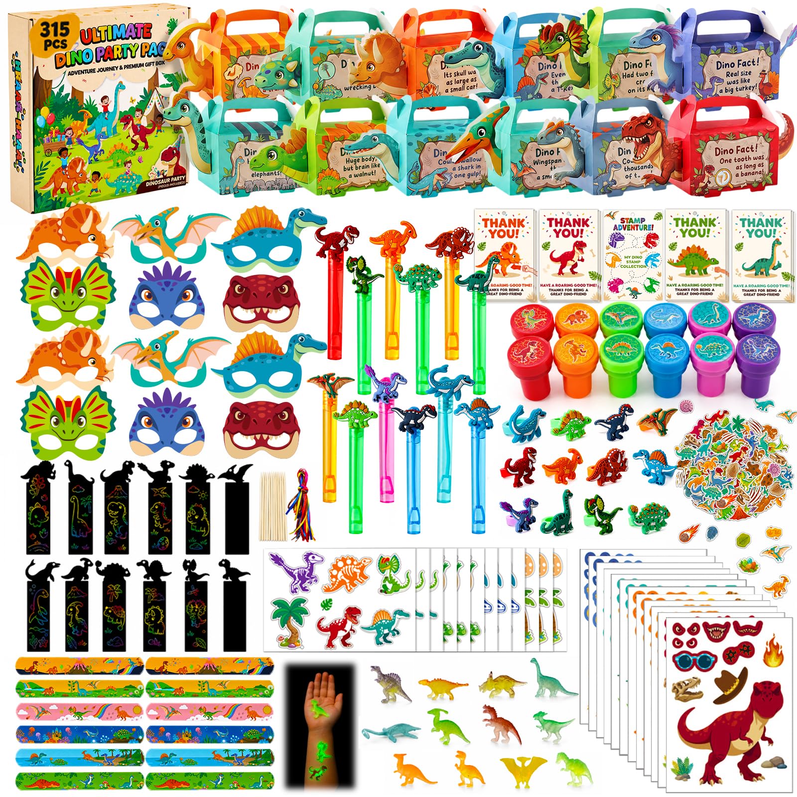 LovesTown 315PCS Dinosaur Party Favors for Kids Birthday, Dino Goodie Bag Fillers Stuffers, Birthday Party Supplies Gift Set for 12 Kids, Classroom Prizes Treasure Chest Toys
