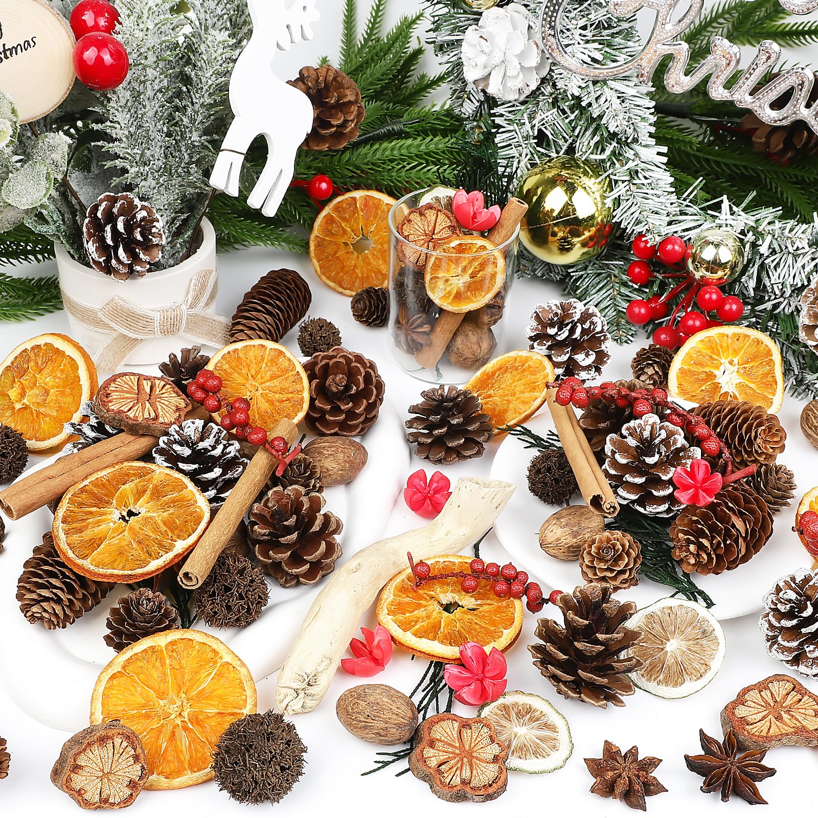 123 Pezzi Natalizio Potpourri Decorazioni Fai da Te Corona dell'Avvento Natalizio Set con Fette di Arancia Secca Cannella Coni di Pino per Tavolo da Pranzo, L'Albero di Natale Decorazione