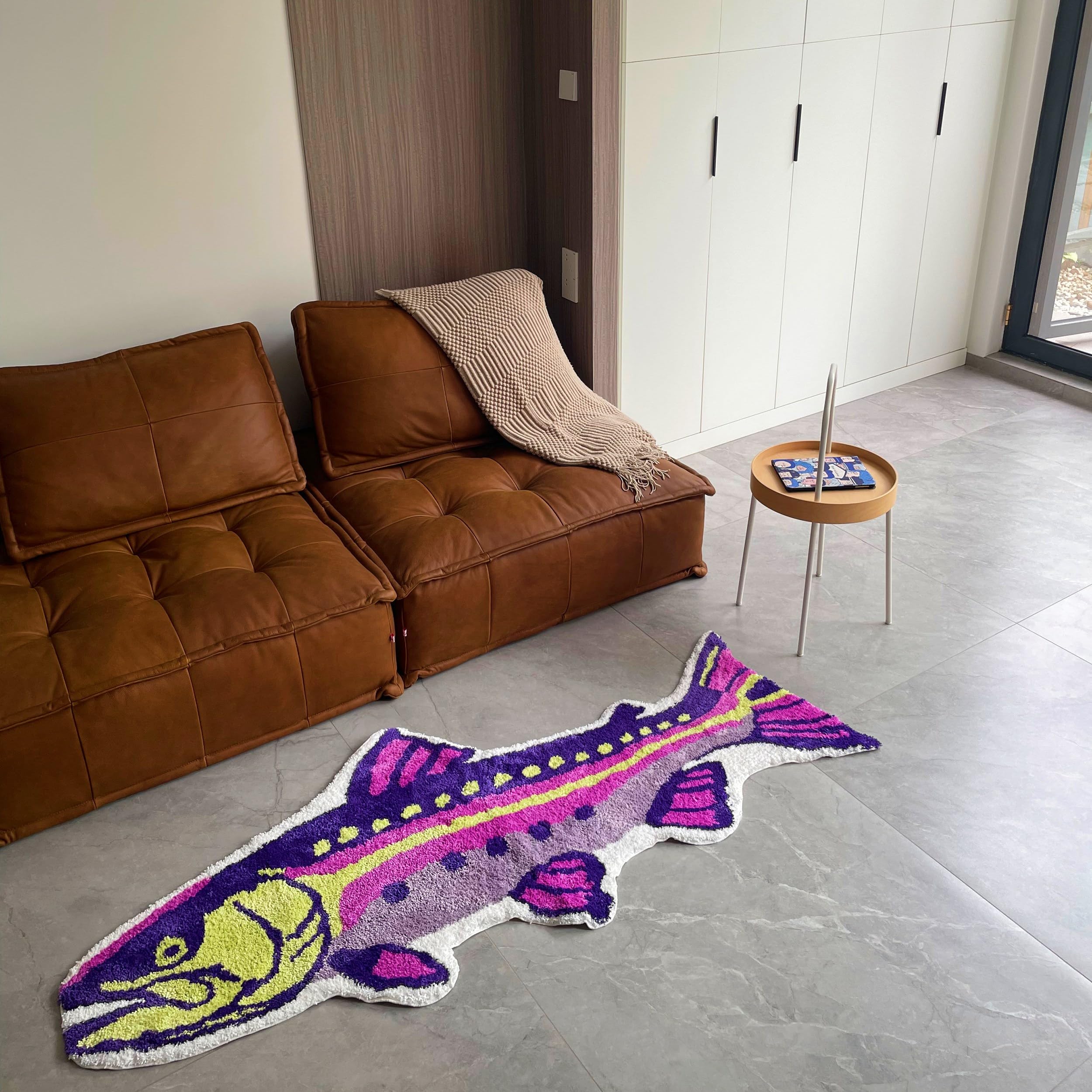 Vibrant Tufted Area Rug with Abstract Fish Design for Livingroom Bedroom 3D Patchwork Shag Moss Rugs Fluffy Kids Toddles Carpet Plush Shaggy Anti-Slip Nursery Mats Balcony, Patio Pet Turf 2.6x6.1ft