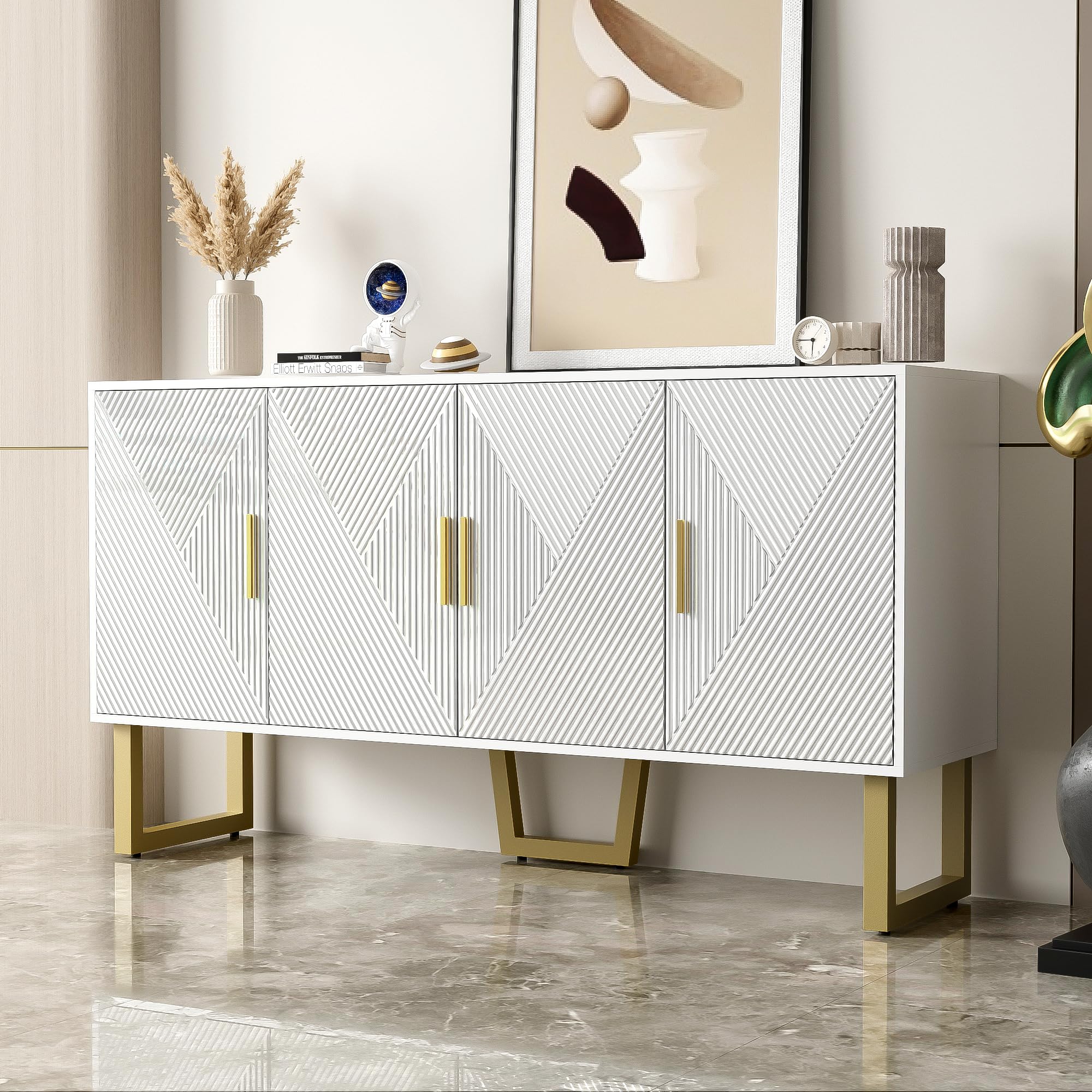 Commode buffet avec beaucoup d'espace de rangement, armoire avec portes texturées brillantes et poignées dorées, armoire à tiroirs pour salon, 150 x 40 x 82 cm, blanc