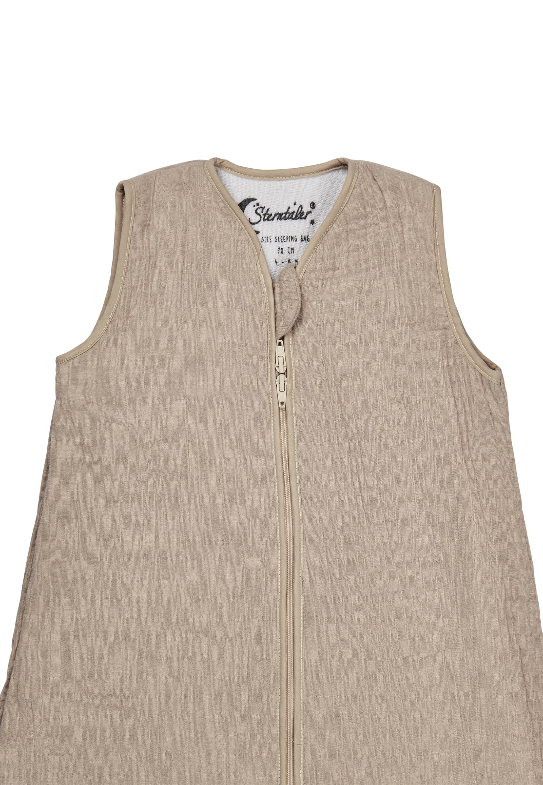 Sterntaler Schlafsack 90 cm Bauernhof - Kinder und Baby Schlafsack unwattiert aus Musselin mit 2-Wege-Reißverschluss und seitlicher Kabelöffnung, mit Feinfrottee Futter, TOG 1,0 - beige