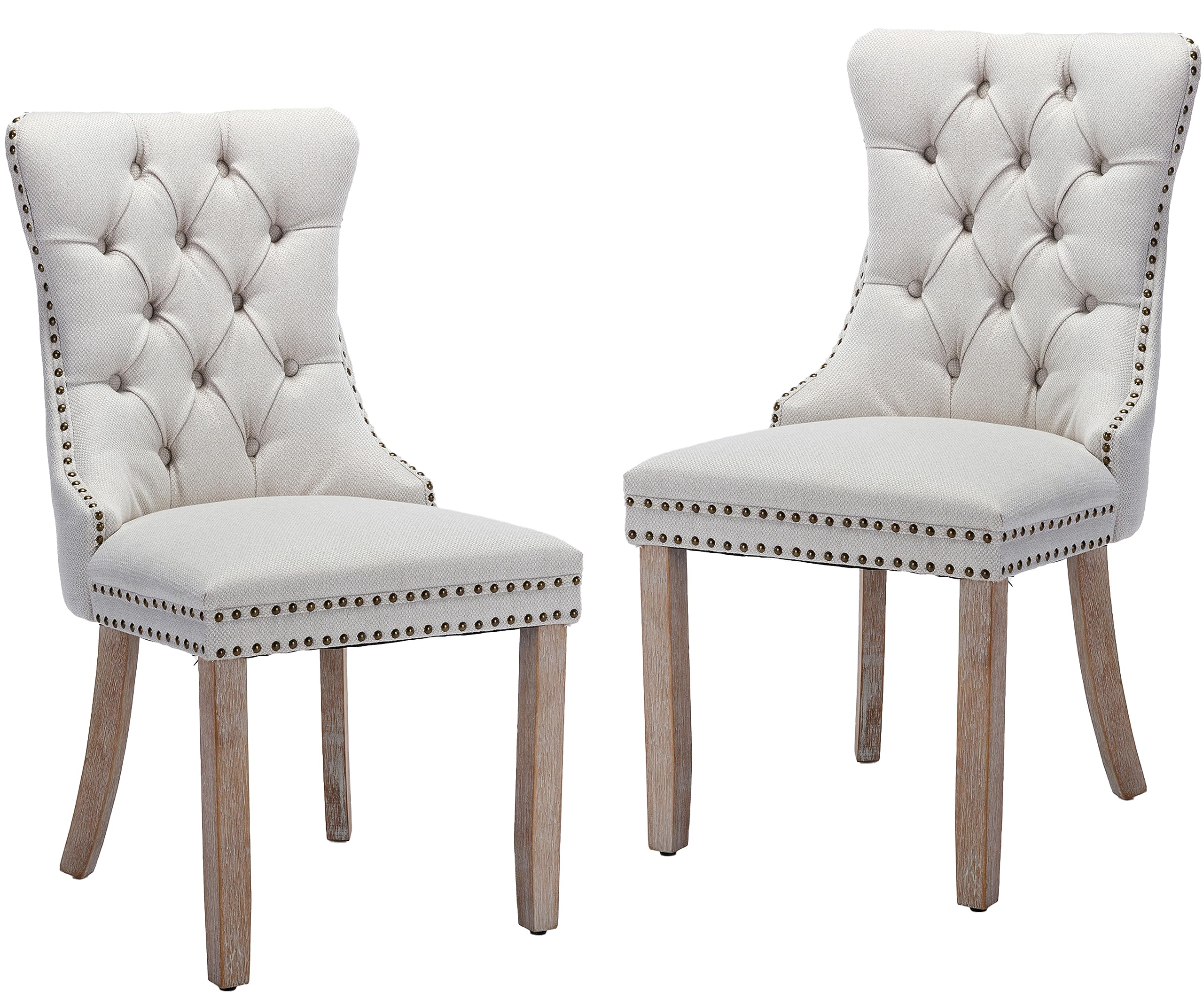LKTART Upholstered Dining Chairs Set of 2 with Button Tufted, Linen Chair with Solid Wood Legs for Dining Room, Living Room, Bedroom, Kitchen Beige