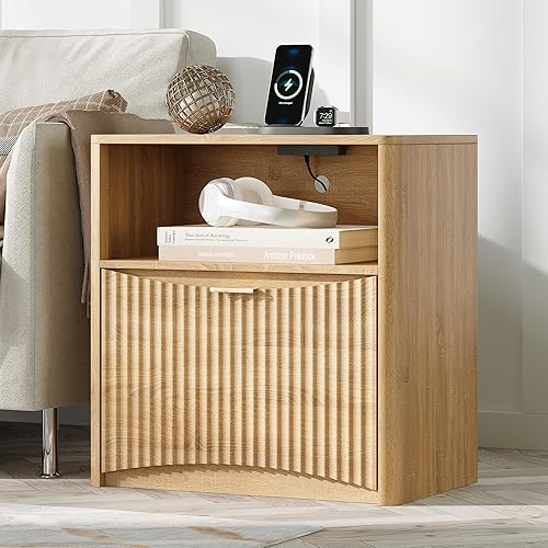 Miniatura 19 de Mesita de noche acanalada con mango dorado, juego de 2 mesitas de noche de mediados de siglo con cajón, mesita de noche con estante de 2pc_Oak,1