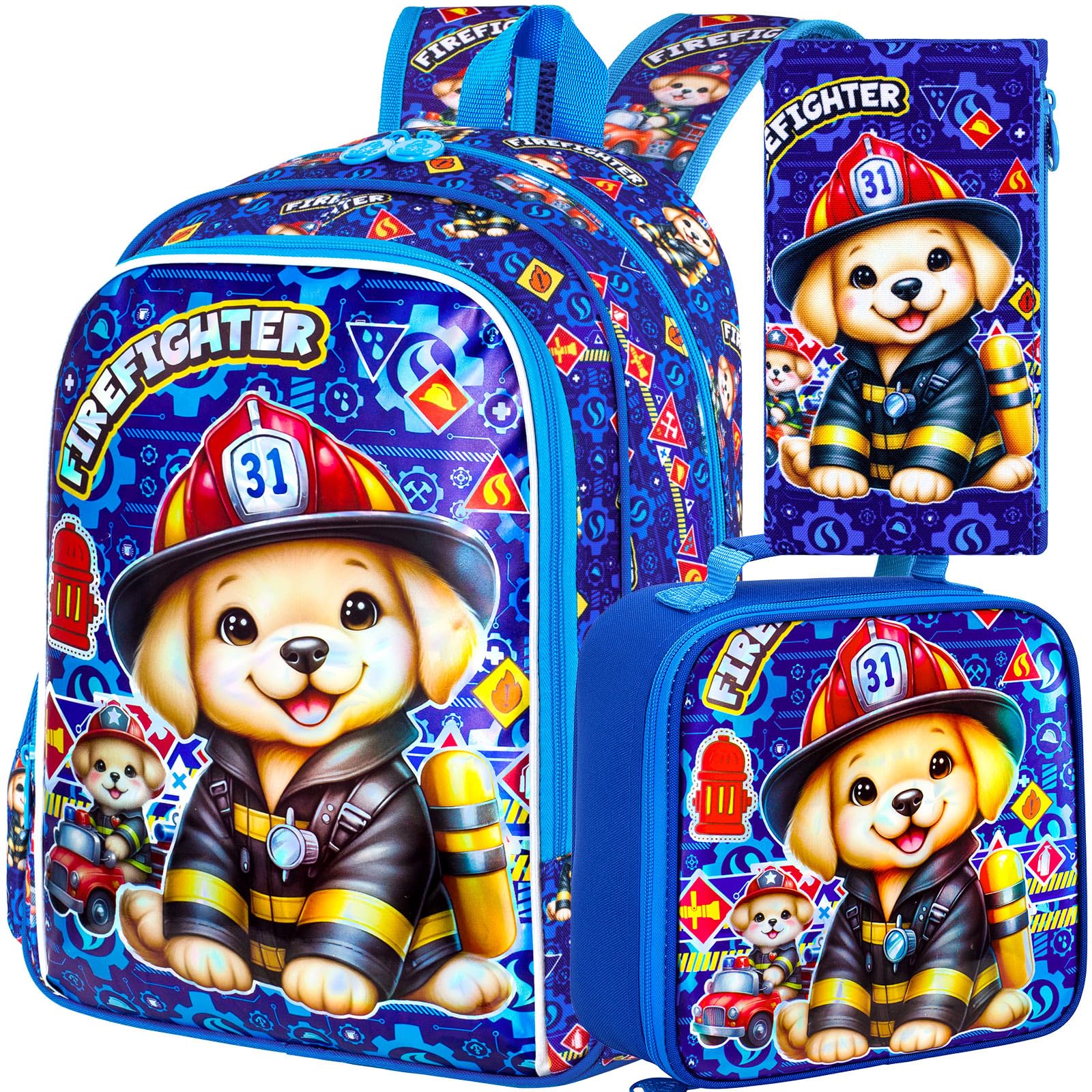 16" Boys Backpack, 3Pcs Dog Bookbag with Lunch Box, Kids School Backpacks Set for Elementary Preschool Kindergarten(Blue)
