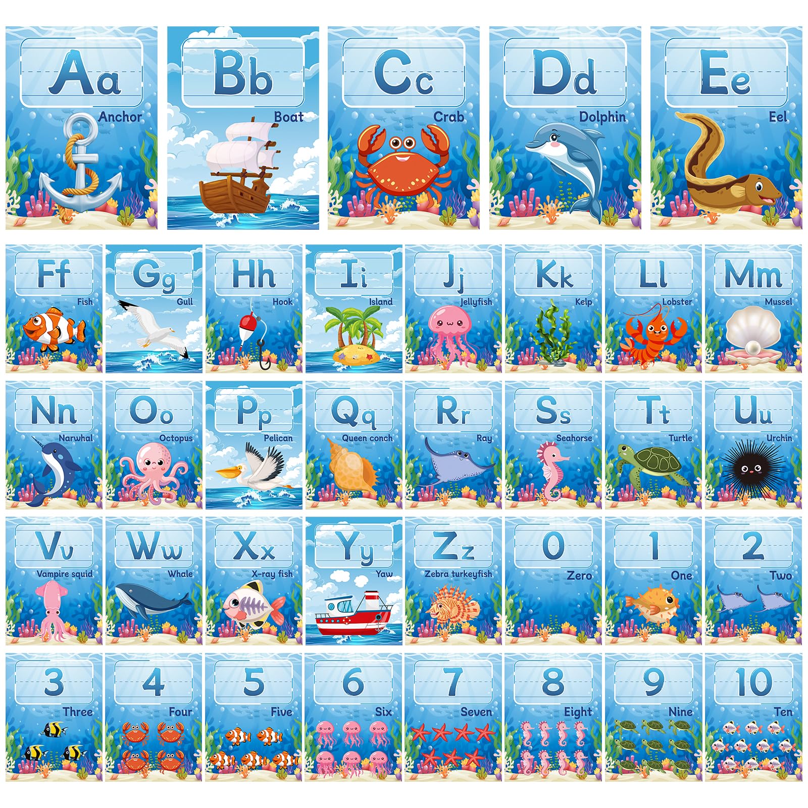Ligne numérique et alphabet ABC ocean pour classe et maternelle | Lot de 37 tableaux d'affichage