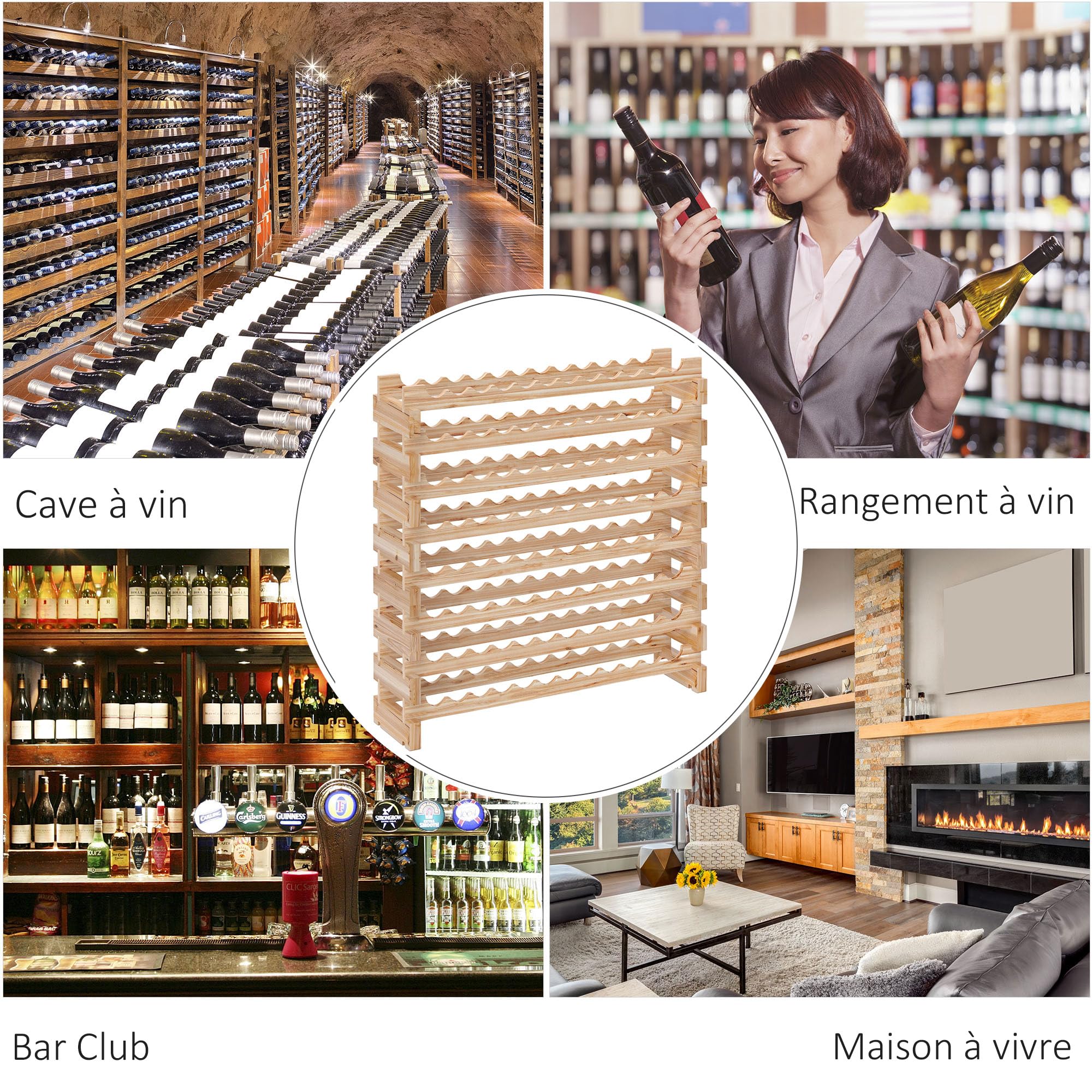 HOMCOM Botellero para 96 botellas, botellero con 8 niveles, modular y apilable, botellero de abeto macizo, para bodegas, bares, sótanos, 114×28×113,5cm, madera natural