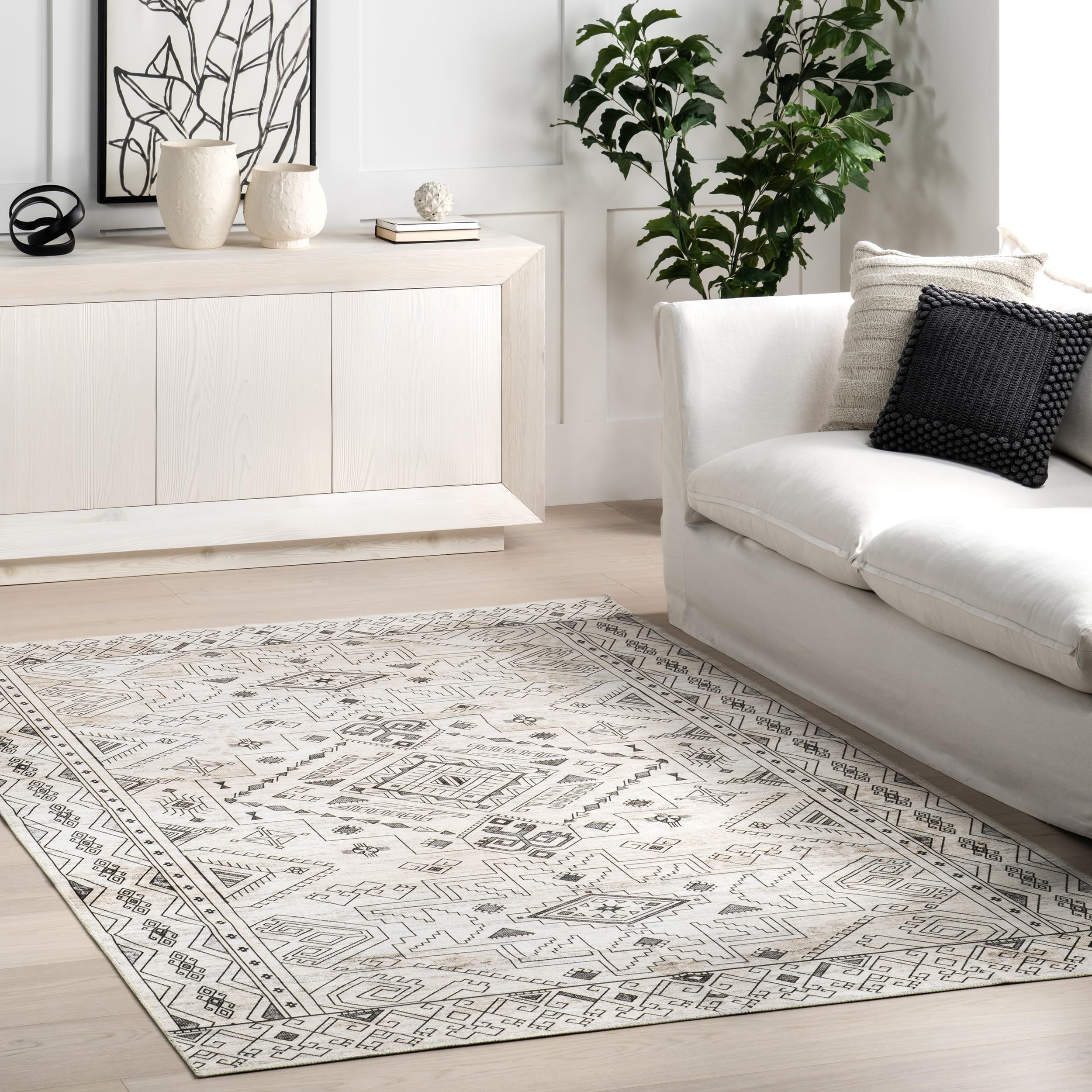 Tapis tribal lavable en machine nuLOOM Malena gris clair 1,2x1,8m