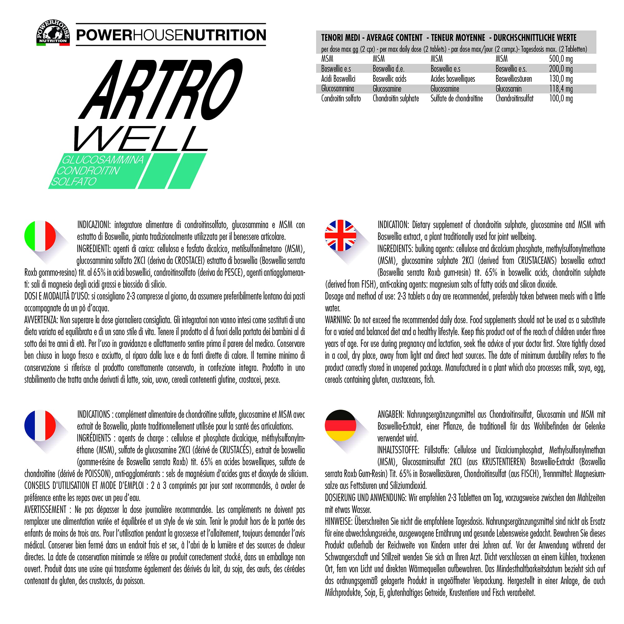 Glucosamina Condroitina MSM, Made in Italy, ARTROWELL Powerhouse Nutrition, Integratore Articolazioni & Cartilagine con Boswellia Serrata, Glucosamina Complex, Funzione Analgesica ed Antinfiammatoria