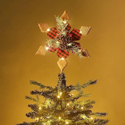 Valery Madelyn Decoración para árbol de Navidad preiluminada de 16.1 pulgadas, color rojo y negro, parte superior para árbol de Navidad rústico con