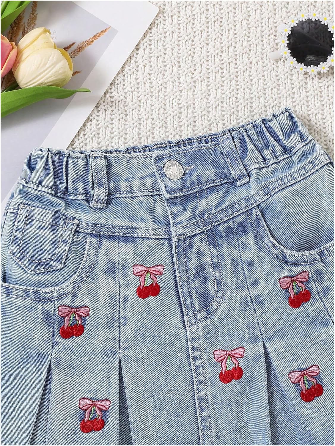 WDIRARA Girl's Bow Cherry Embroidered Denim Skirt Elastic High Waisted Mini Pleated Jean Skirts - Image 4