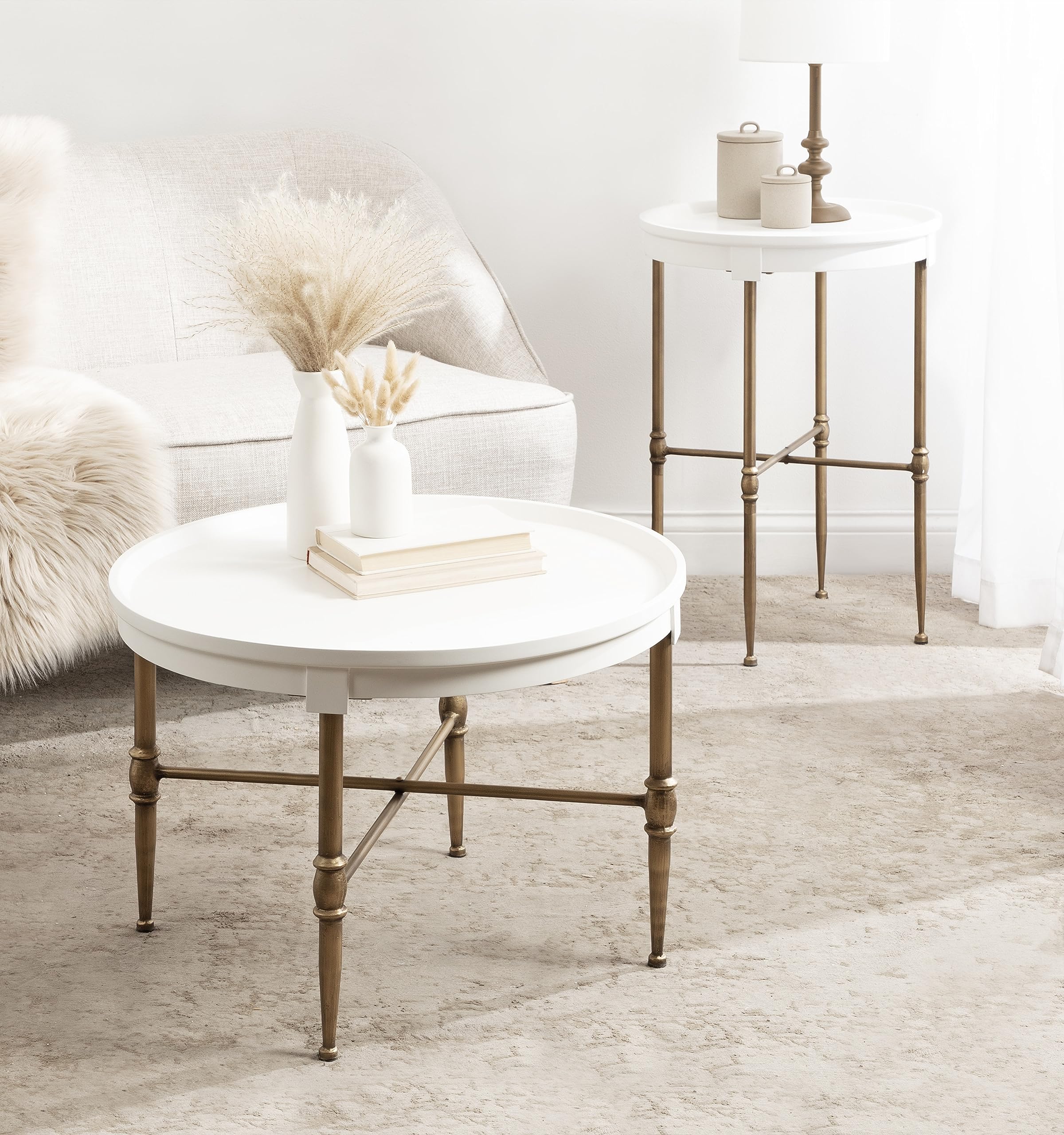 Kate and Laurel Valdi Modern Round Side Table; 19 x 26; White and Antique Gold; Glam Circle End Table with Geometric Metal Base and Raised Edge Tabletop