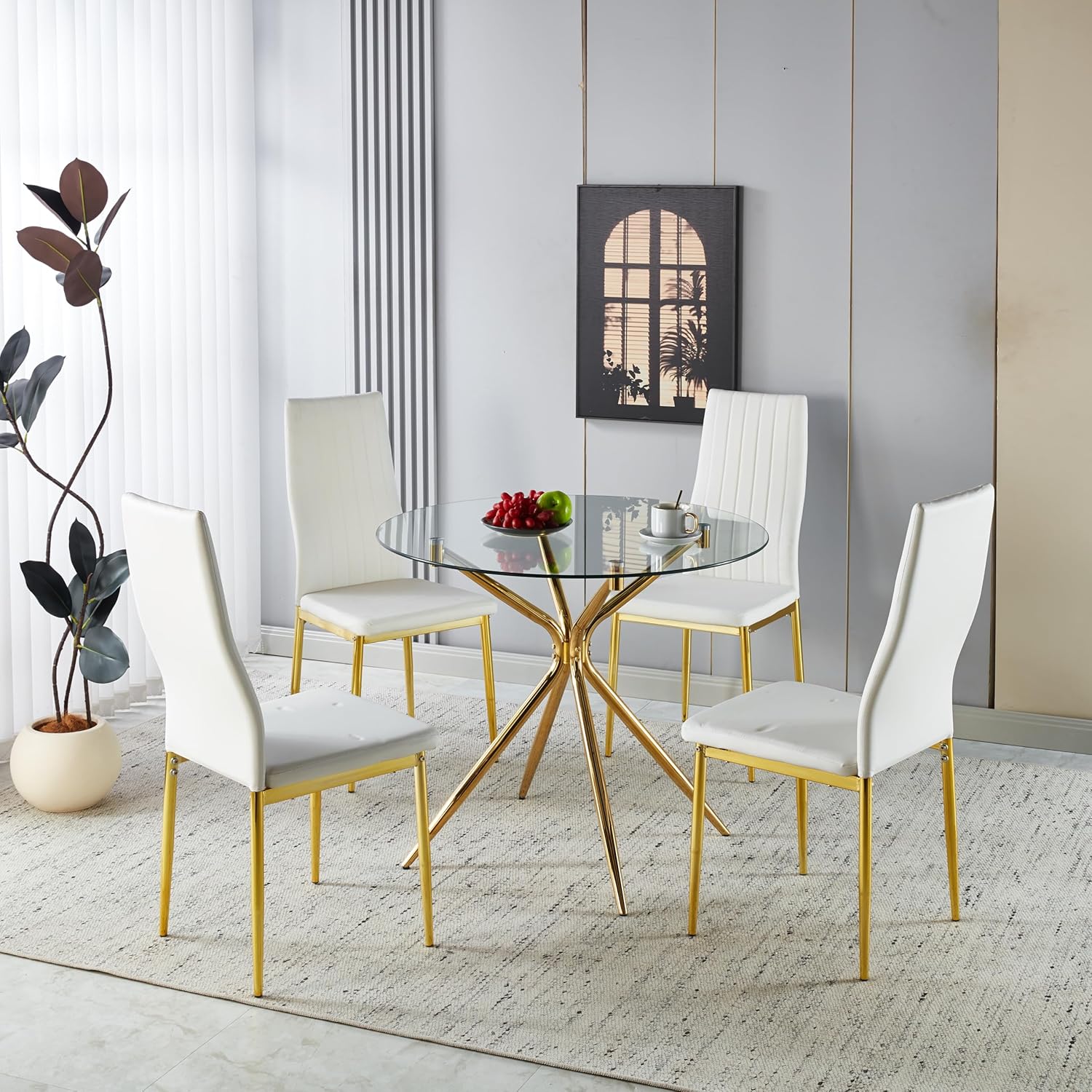 Round Gold Dining Table for 2 People, Circle Tempered Glass Top Kitchen Table with Metal Cross Legs, Small Stylish Family Dinner Table for Home Office Living Room