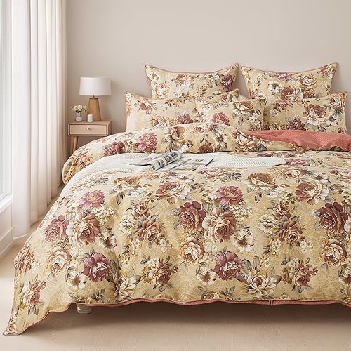 Miniatura 10 de FADFAY Juego de funda de edredón tamaño Queen, ropa de cama con diseño floral rosa y rosa desgastada, juego de funda de edredón de flores de peonía