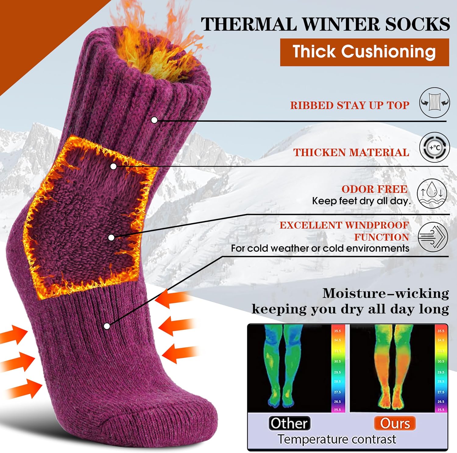 Merino Wool Boot Socks Thermal Winter Warm Thick Cozy Hiking Socks for Men Women 3 Pairs - Image 3