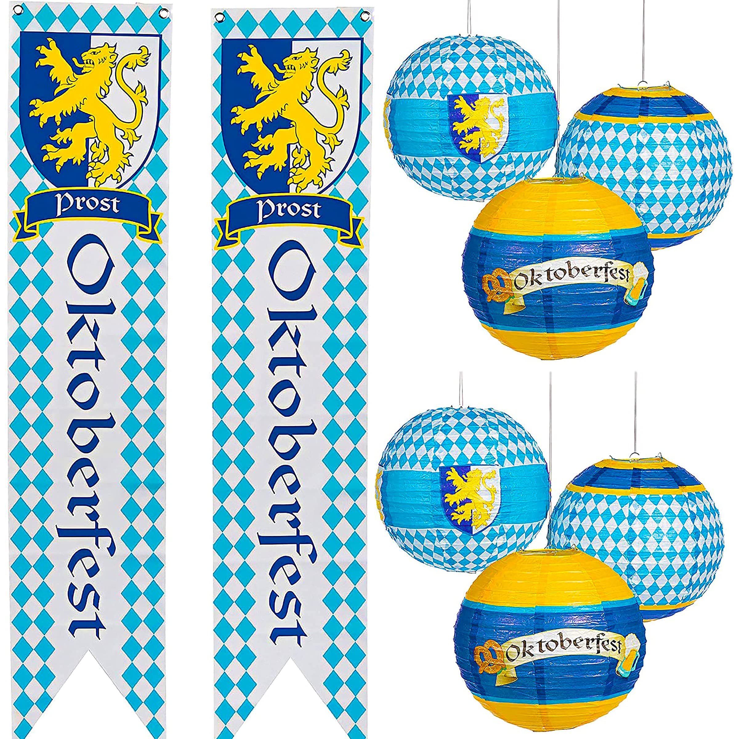 4E's Novelty 8 Piece Oktoberfest Decorations Set - 6 Hanging Paper Lantern & 2 Wall Banner For Oktoberfest Party Supplies, Oktoberfest Decor