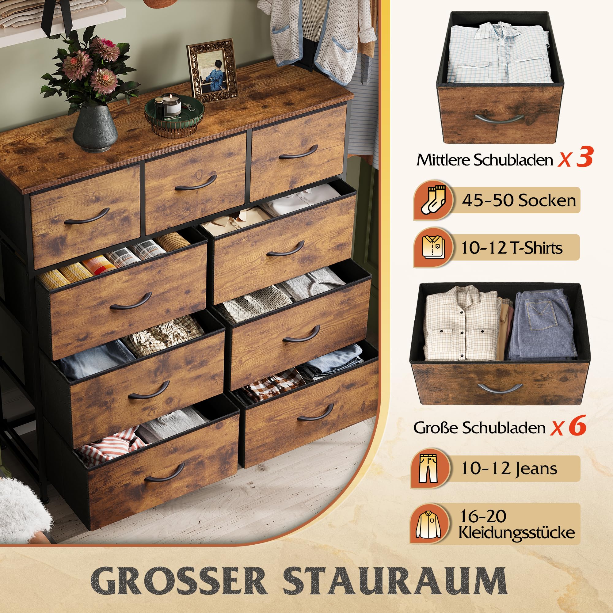 WLIVE Kommode mit 9 Schubladen aus Stoff, Kommodenschrank für Schlafzimmer, Kommode Wohnzimmer, mit Stabiler Stahlrahmen, Vintagebraun-Schwarz