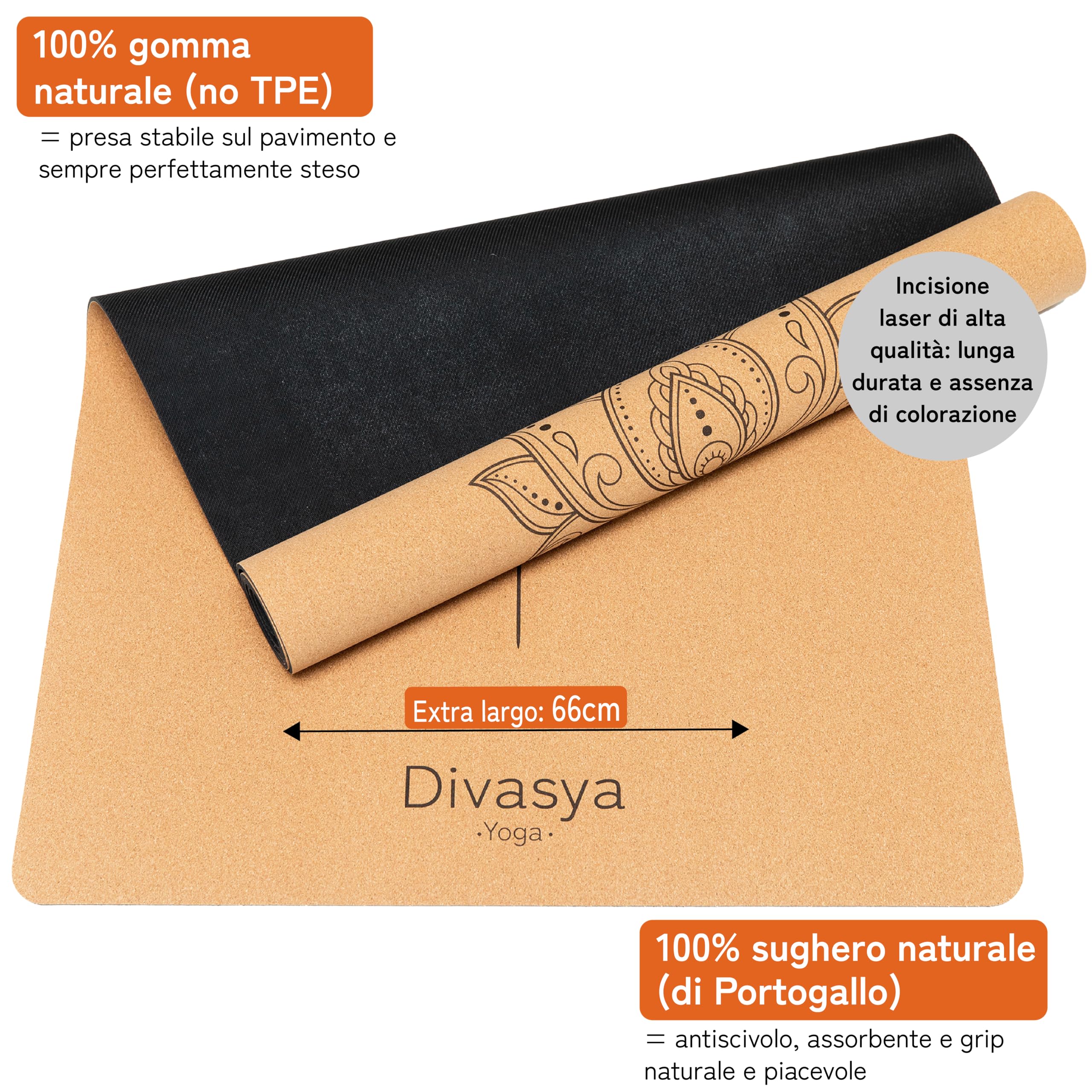 Tappetino yoga sughero premium, 100% naturale: in gomma naturale antiscivolo e sughero, Tappeto yoga extra-largo e spesso (183x66x0,4cm), sostenibile e senza sostanze