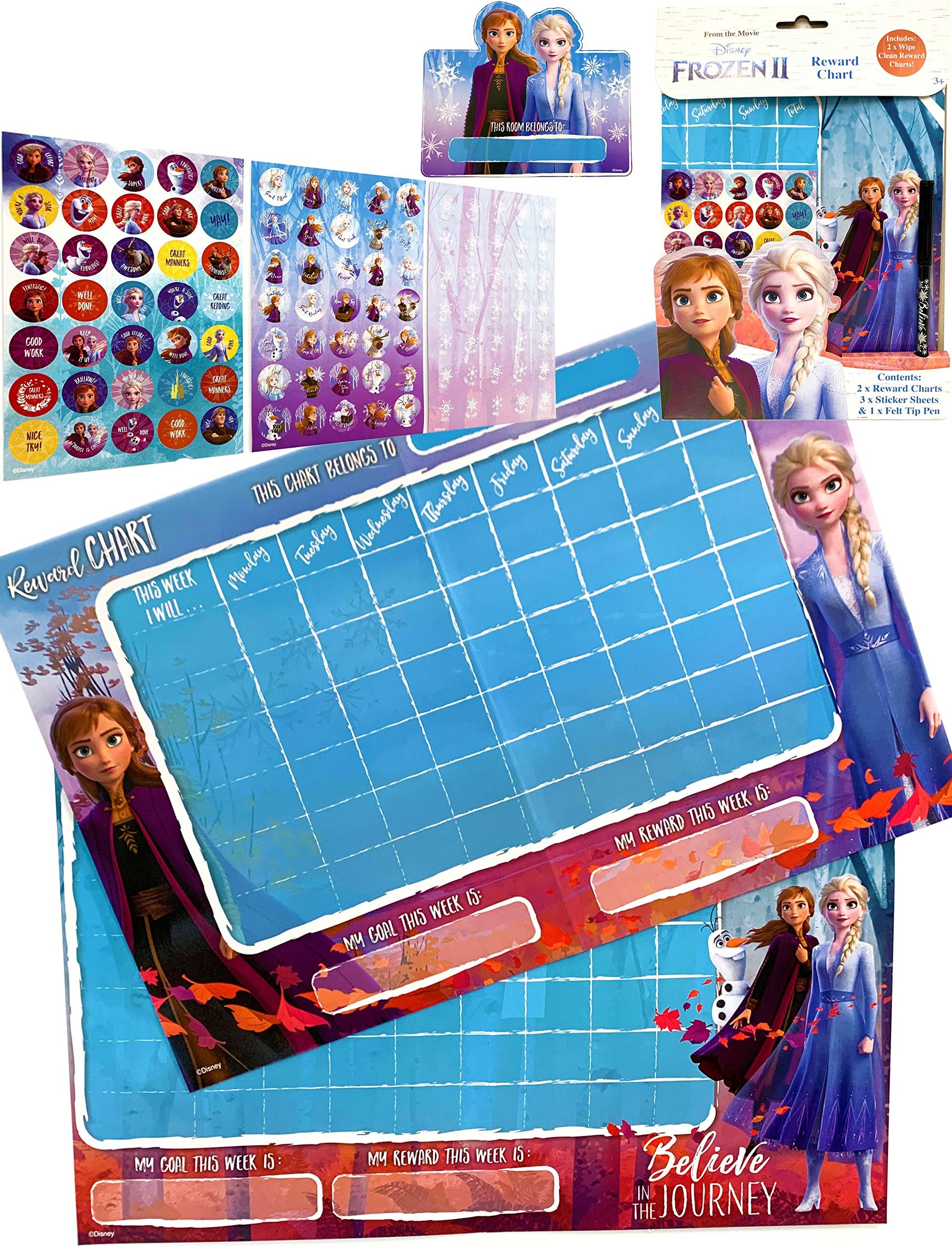 Dedimi Disney Frozen 2 Reward Chart - 2 Charts, 105 Stickers, 1 Pen, Elsa Cut Out - Behavior Charts for Kids & Toddlers, Potty Training, Weekly Planner, Chore Stickers