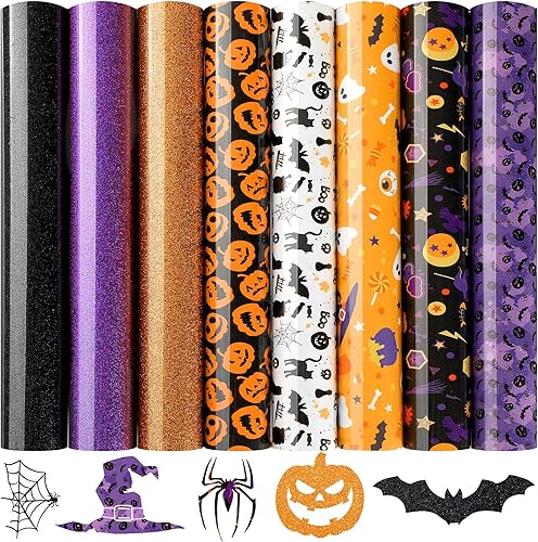 8 hojas de vinilo de transferencia de calor de Halloween con purpurina HTV de 9.8 x 12 pulgadas, vinilo para planchar de otoño naranja, calabaza,