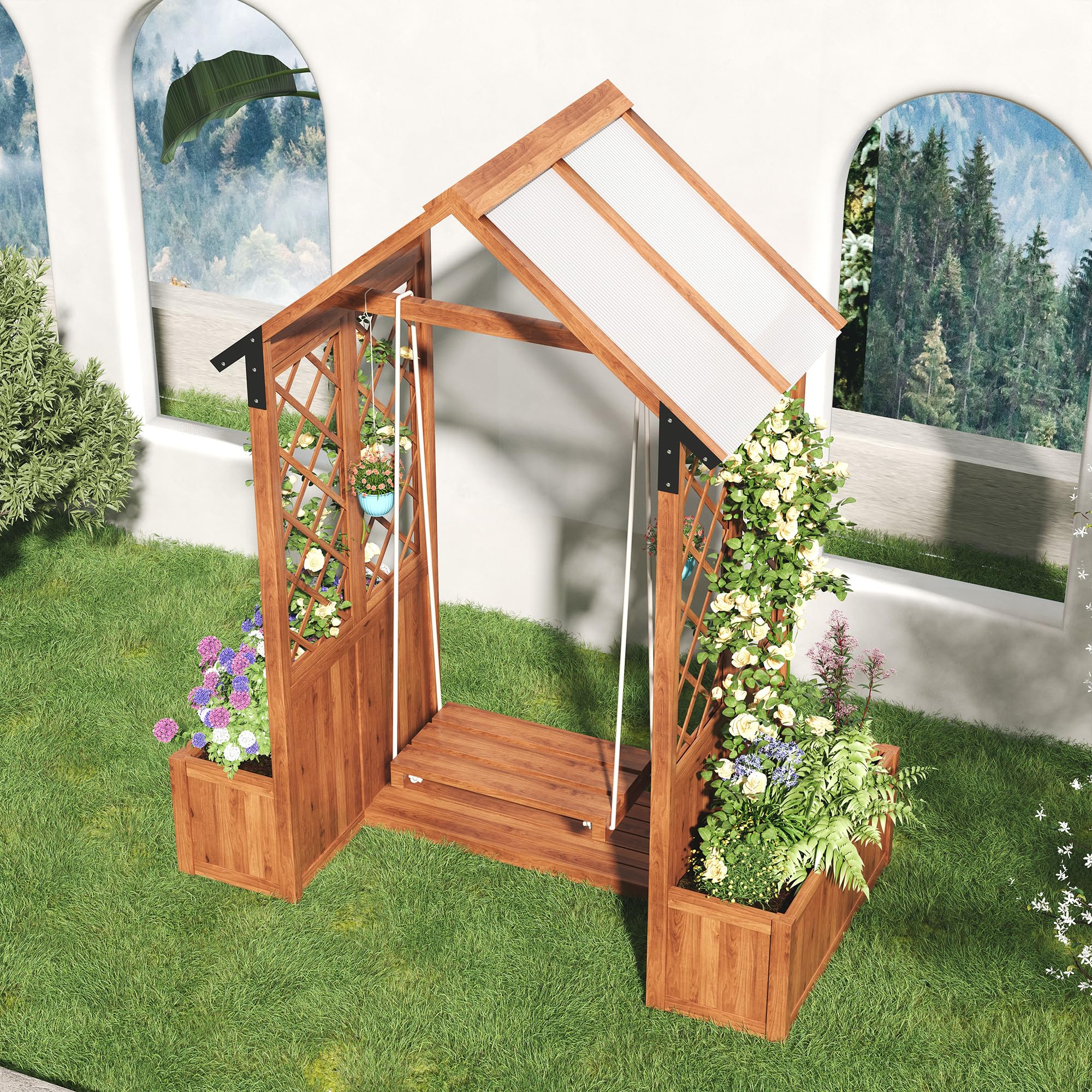 BTM Jardinera con celosía, maceta con columpio, jardineras al aire libre con toldo de policarbonato, bandeja de planta para jardín, patio, terraza, 142x70x163 cm, marrón
