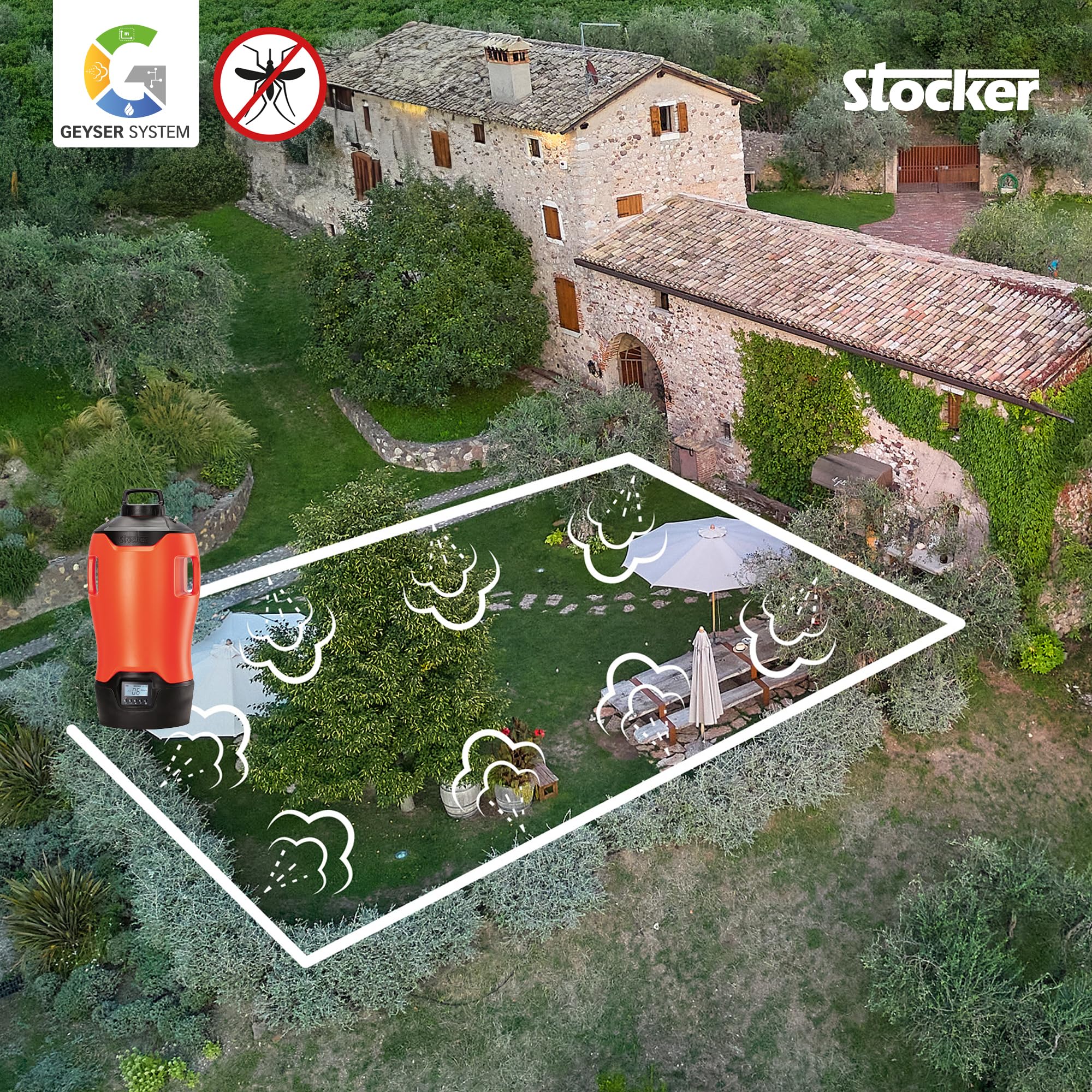 STOCKER - Nébuliseur de jardin électrique Geyser Evolution 25 L - Batterie 21 V - Kit complet anti-moustiques - Extensible jusqu'à 135 m