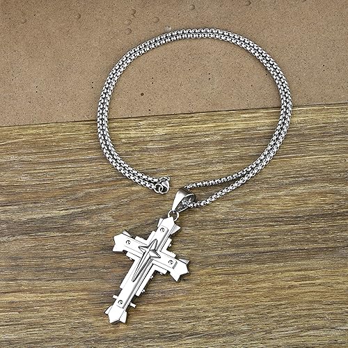 Miniatura 5 de YL Collar de cruz para hombre con colgante de acero inoxidable de 24 pulgadas, joyería de cadena Rolo